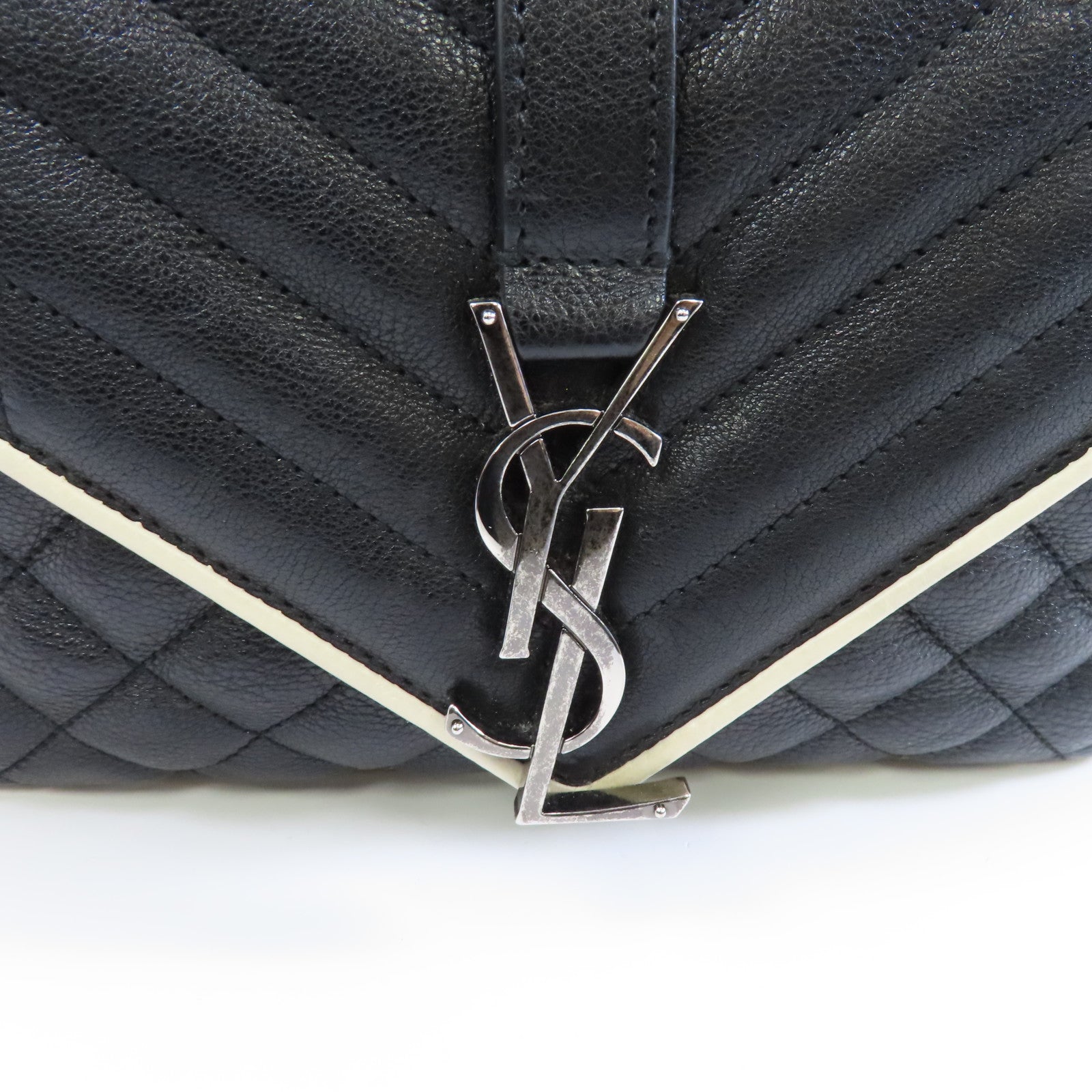 SAINT LAURENT 牛皮皮革Chain Shoulder Bag銀扣鏈帶肩背袋黑色/白色