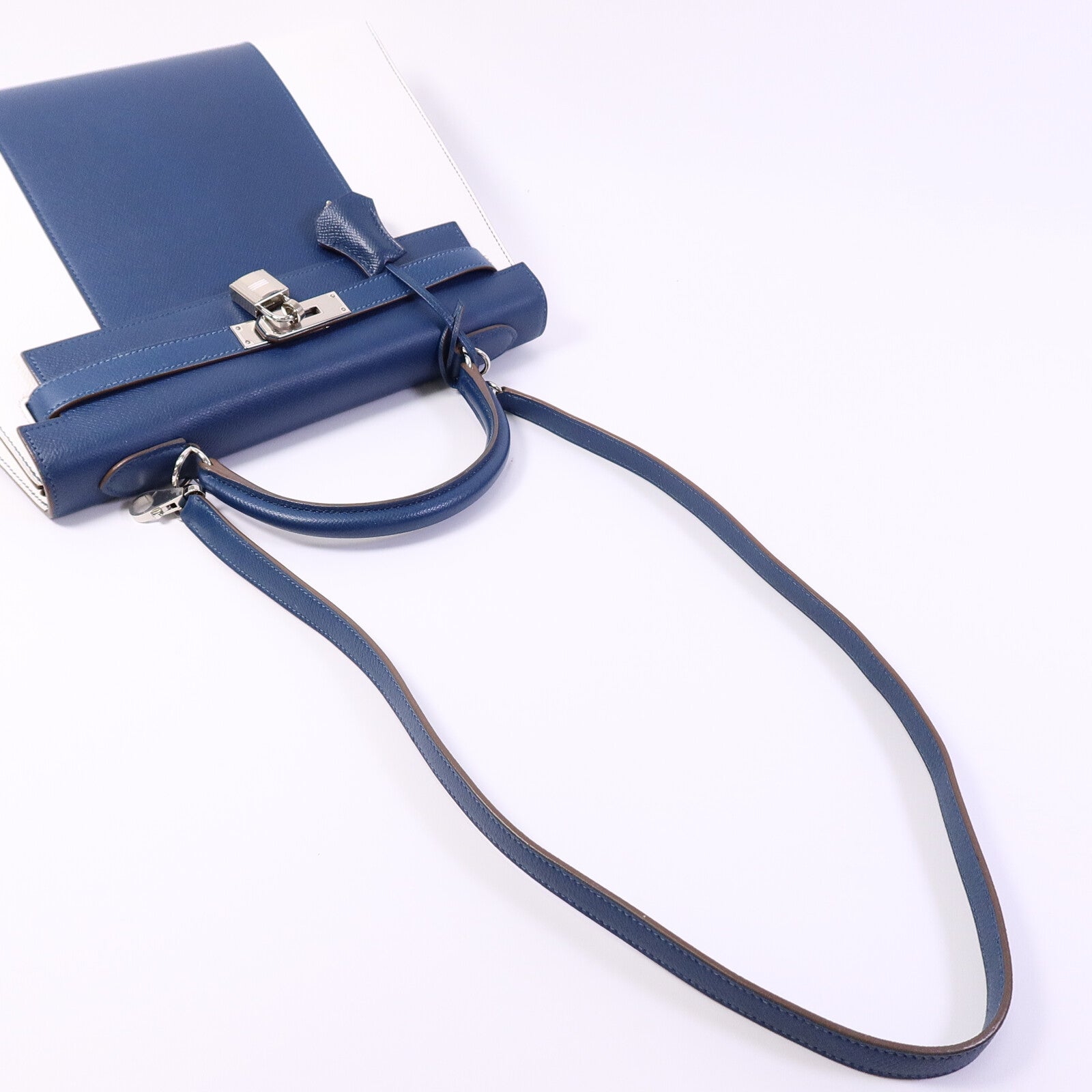 HERMES Epsom皮革Kelly 32 Club手挽肩背兩用袋Bleu Thalassa/Blanc