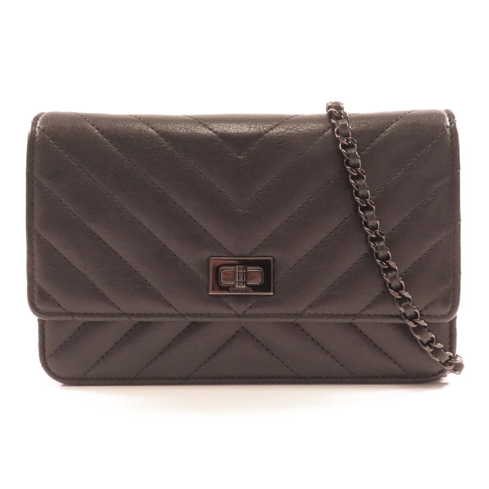 CHANEL 斜紋羊皮皮革2.55 Wallet On Chain鏈帶肩背袋黑色