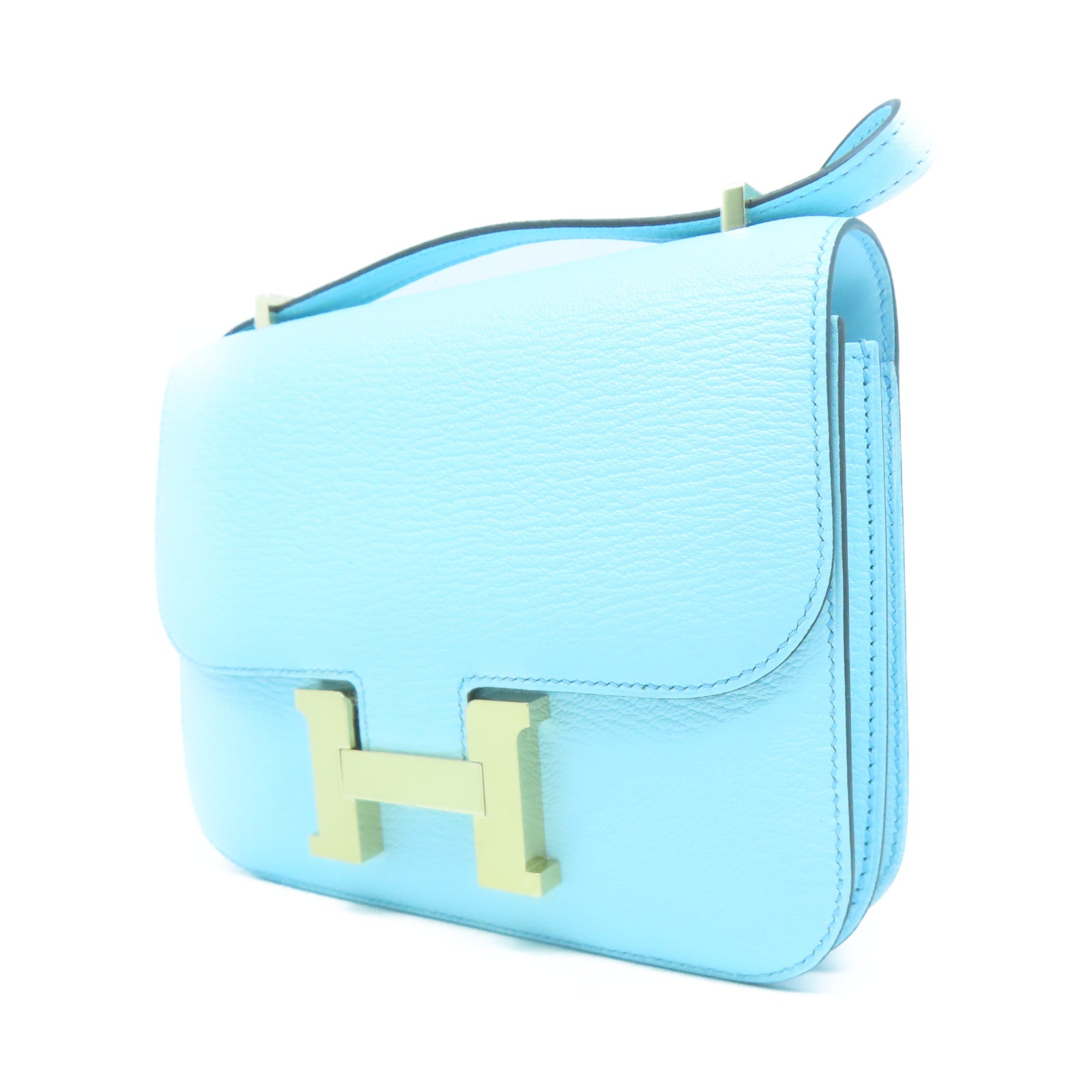 HERMES **【清倉大減價】Chevre皮革Constance Mini銀扣肩背袋Bleu Zephyr淺藍色