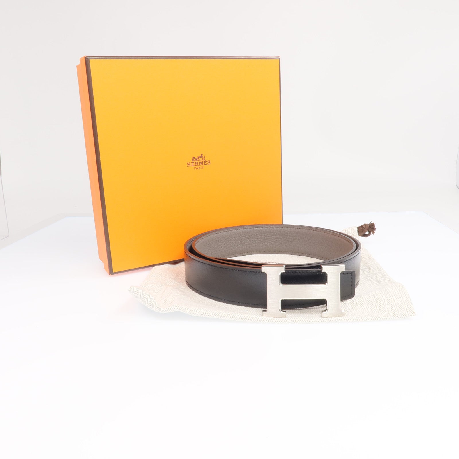 HERMES Togo/Box皮革H Belt buckle銀扣皮帶Noir/Etain