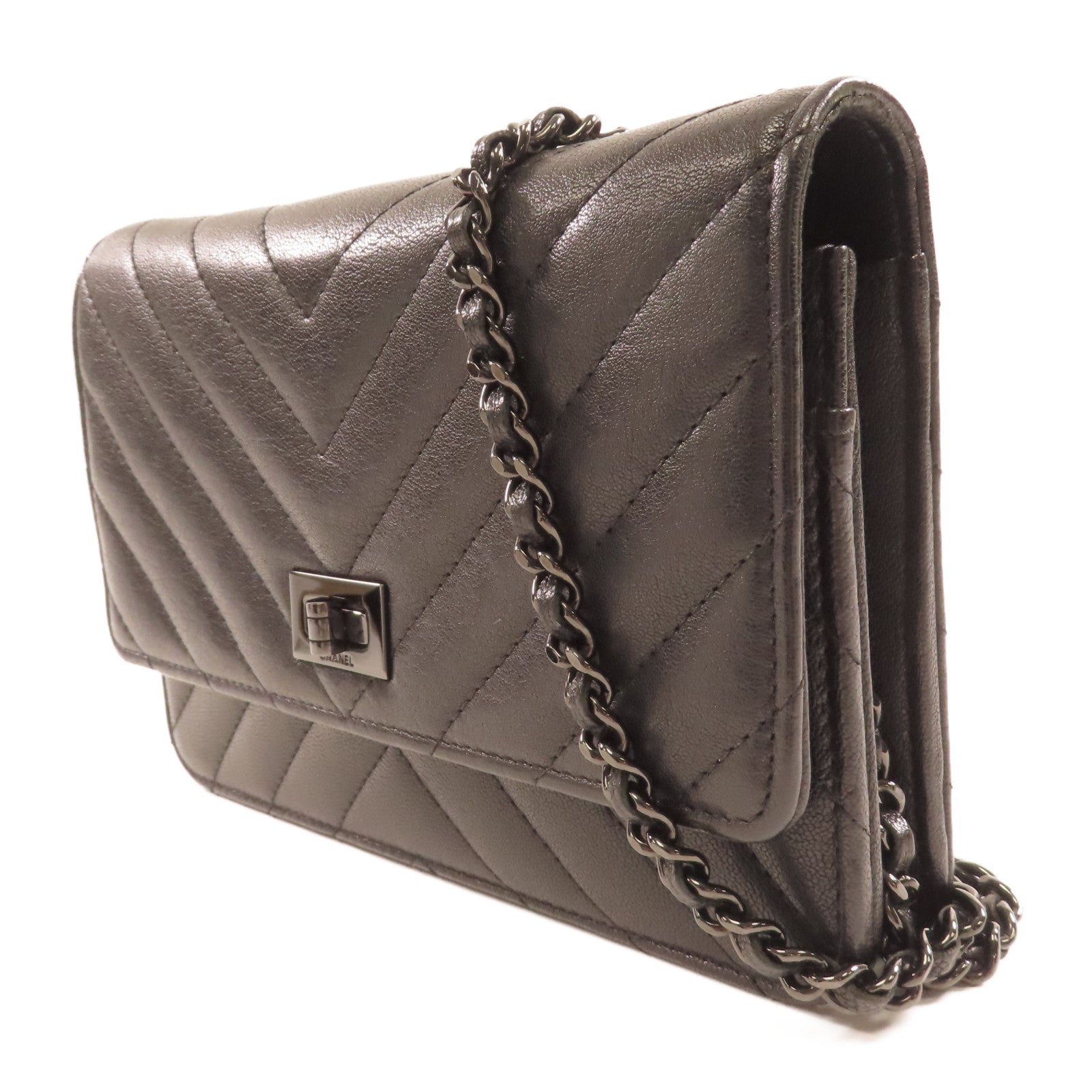 CHANEL 斜紋羊皮皮革2.55 Wallet On Chain鏈帶肩背袋黑色