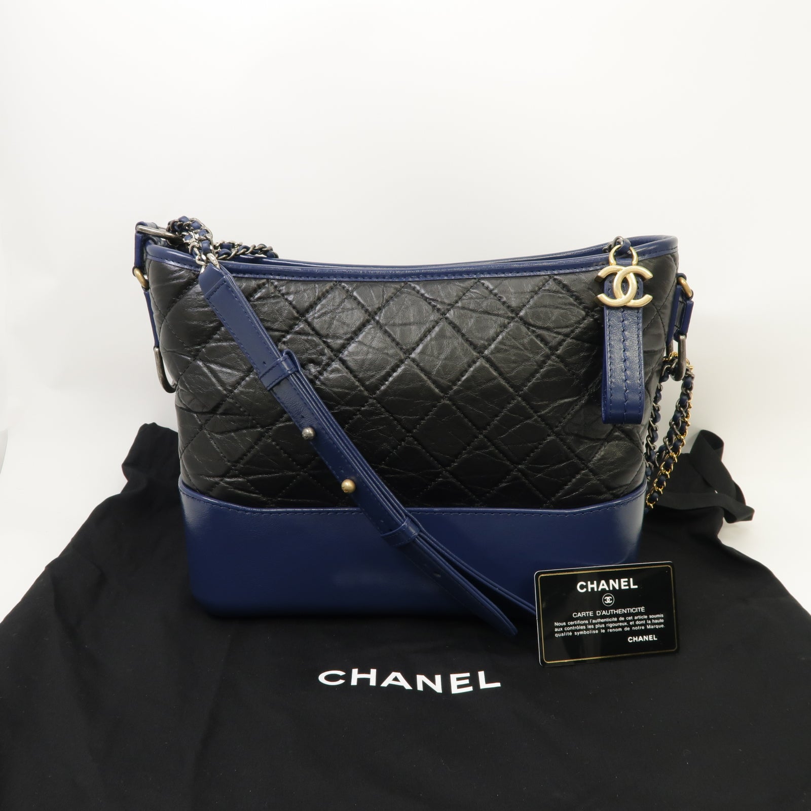 CHANEL 【激減優惠】菱格牛皮皮革Gabrielle金銀扣肩背袋藍色