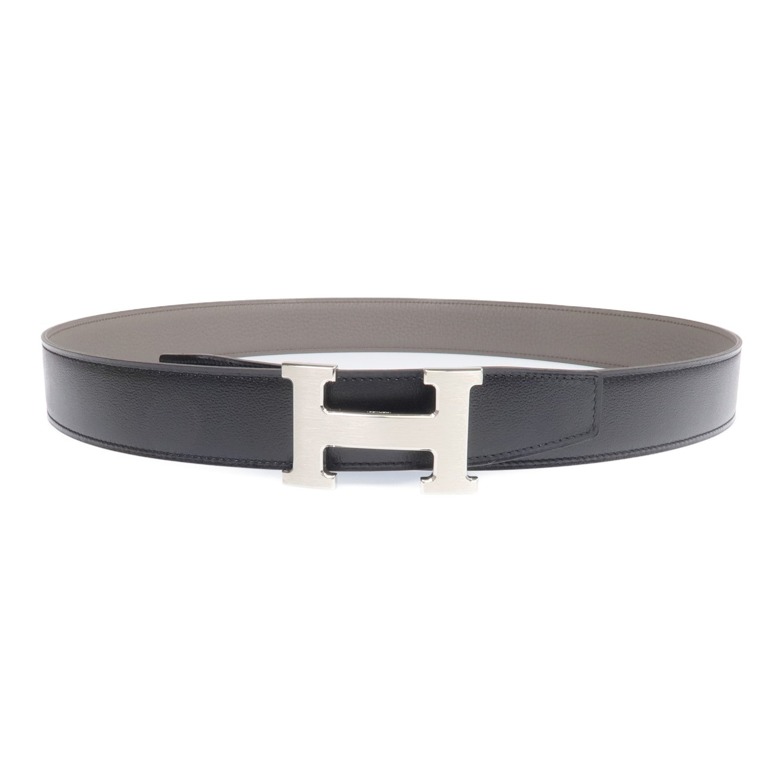 HERMES Togo/Box皮革H Belt buckle銀扣皮帶Noir/Etain