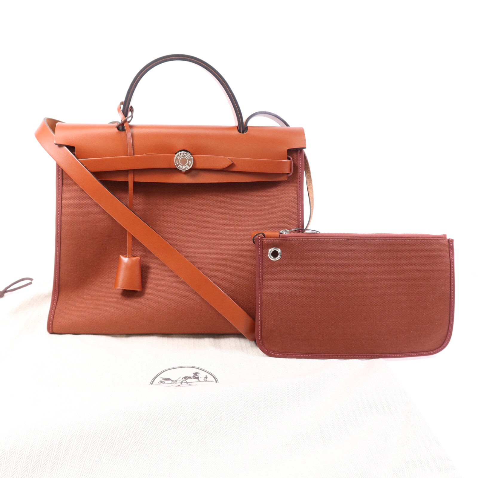 HERMES Toile H Herbag PM銀扣手挽肩背兩用袋Brique