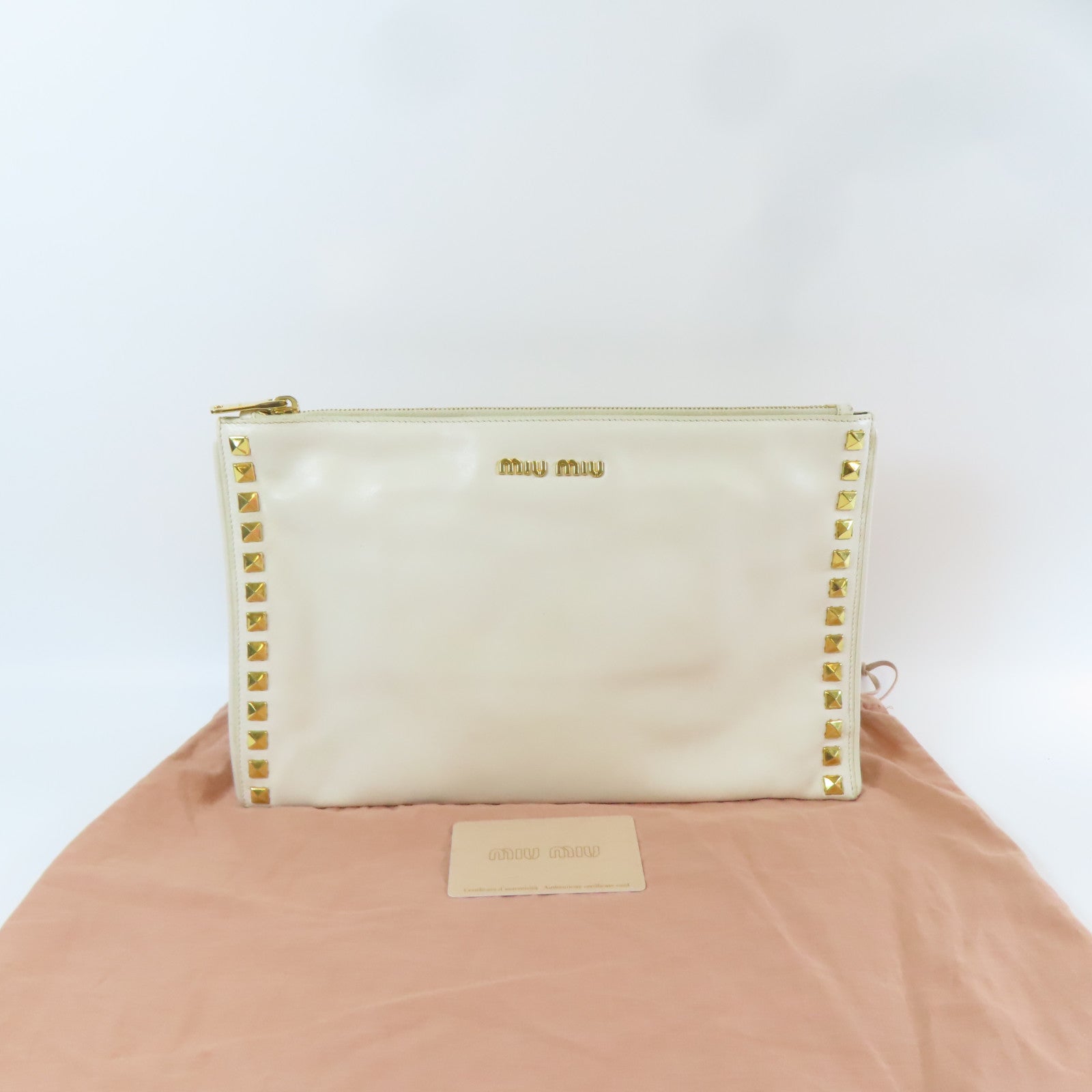 Miu Miu 【激減優惠】牛皮皮革Clutch Pouch With Handle金扣手拿包白色