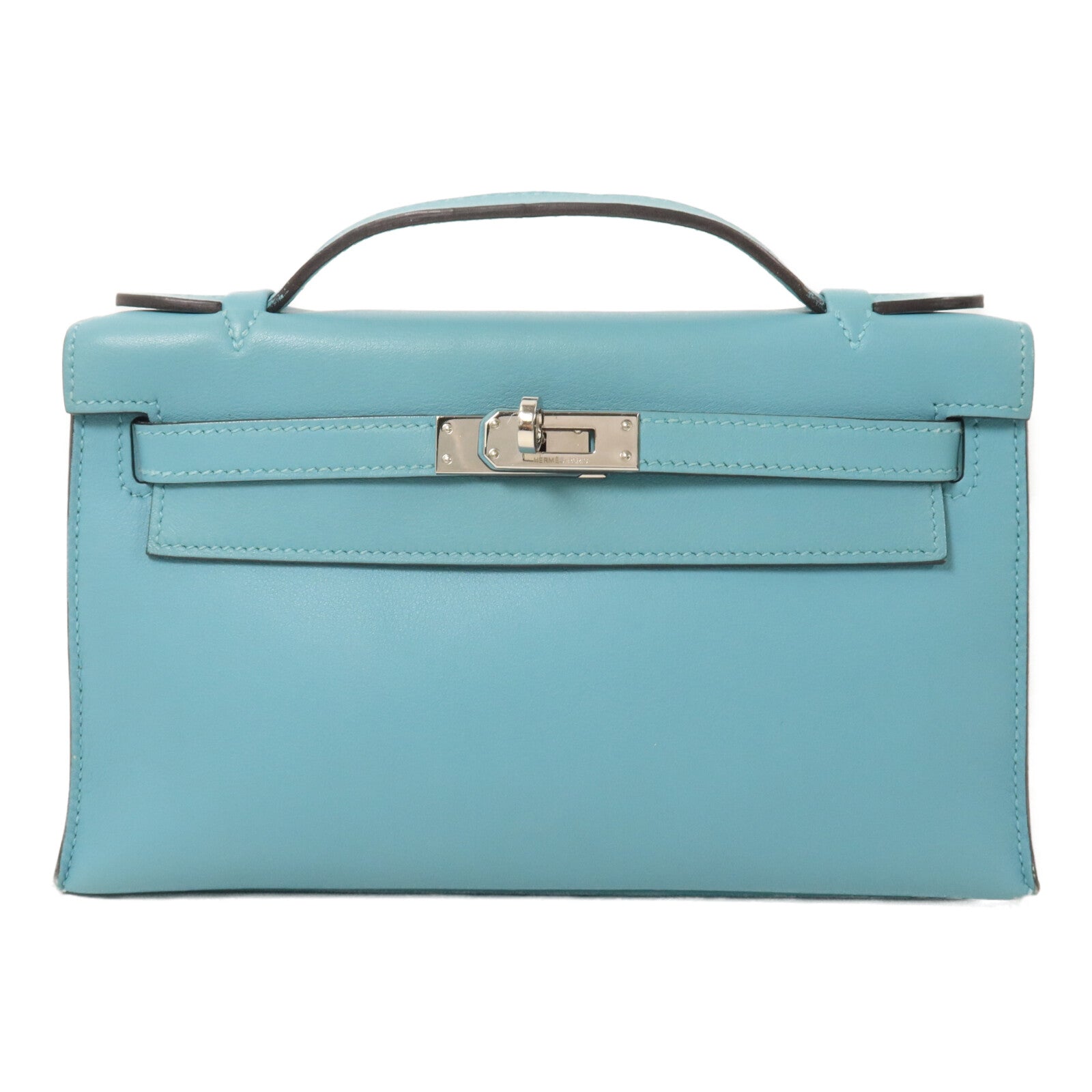 HERMES Swift皮革Kelly Pochette手挽袋Bleu Atoll