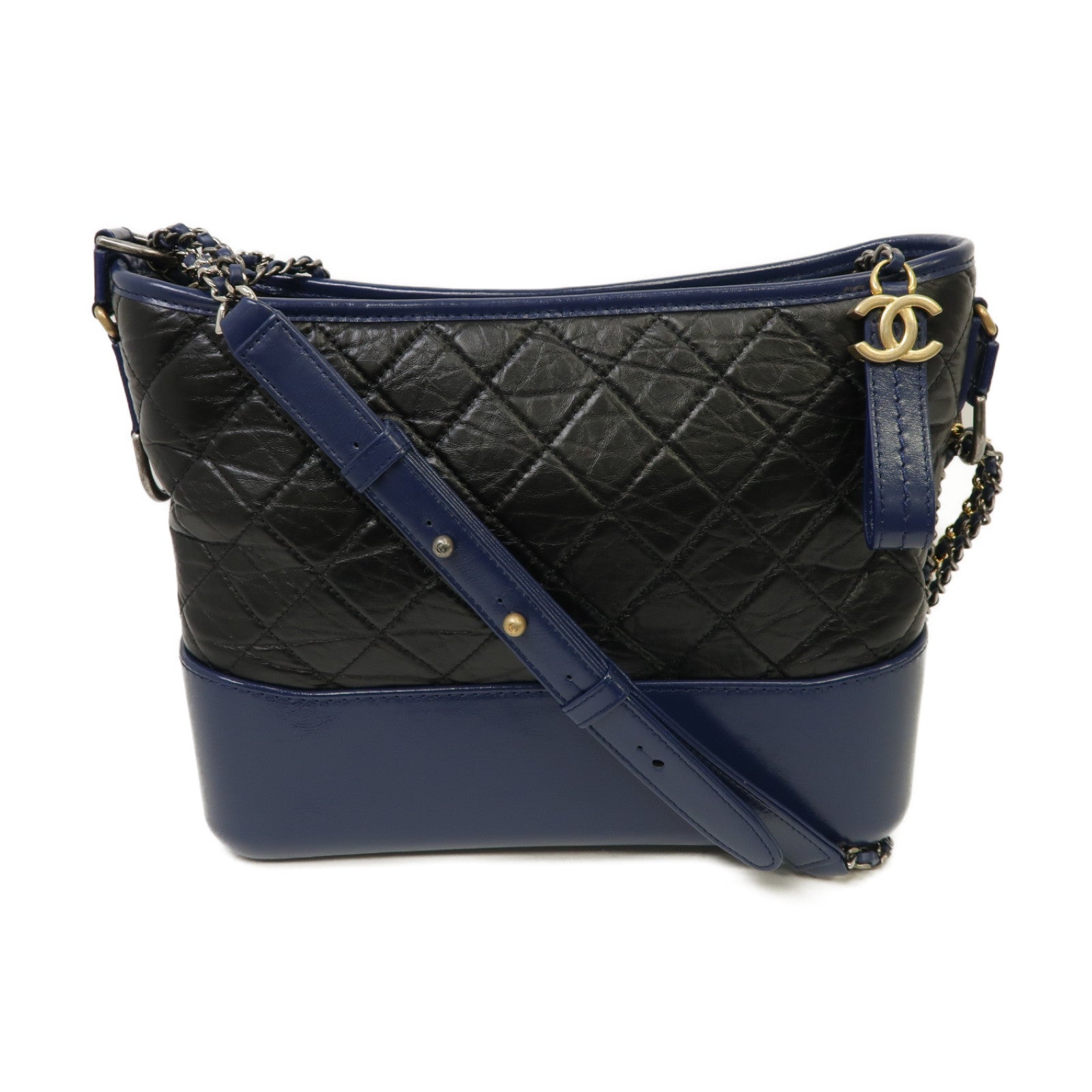 CHANEL 【激減優惠】菱格牛皮皮革Gabrielle金銀扣肩背袋藍色