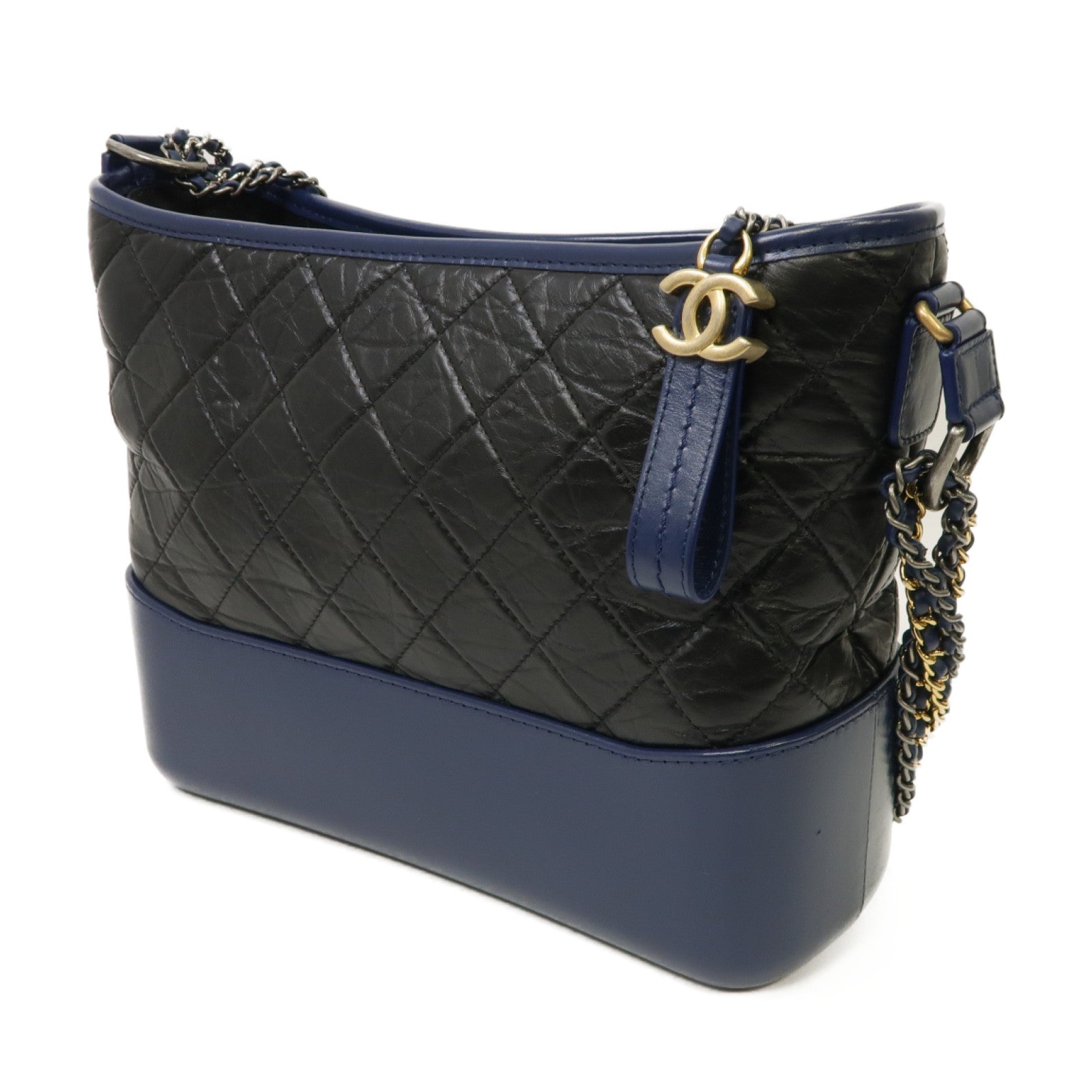 CHANEL 【激減優惠】菱格牛皮皮革Gabrielle金銀扣肩背袋藍色