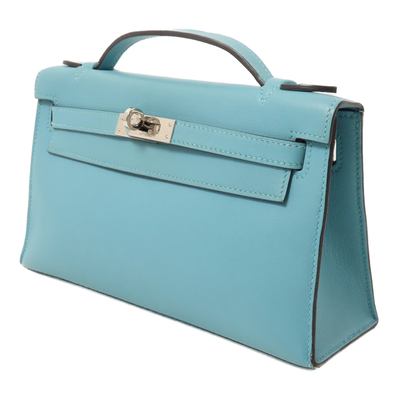 HERMES Swift皮革Kelly Pochette手挽袋Bleu Atoll