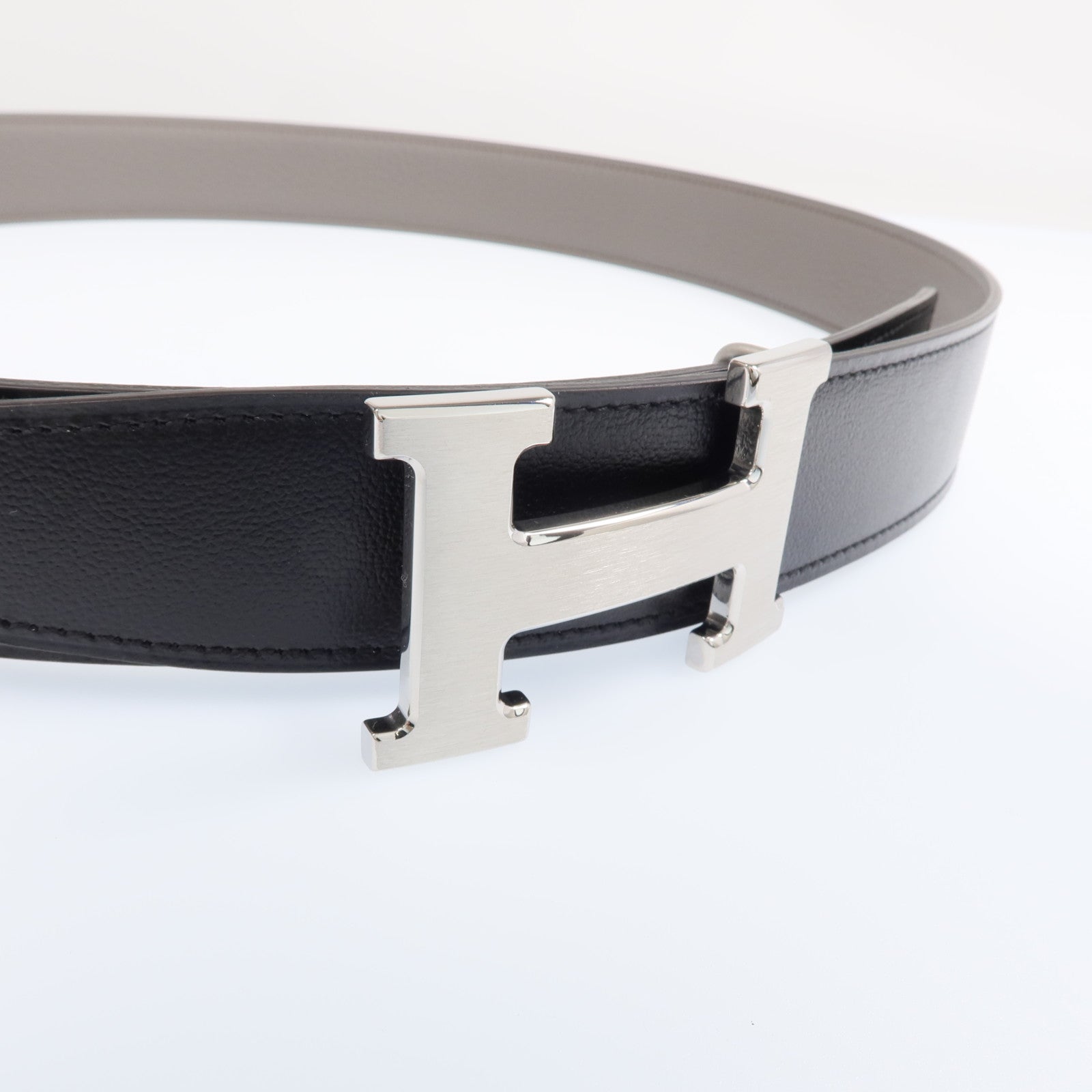 HERMES Togo/Box皮革H Belt buckle銀扣皮帶Noir/Etain