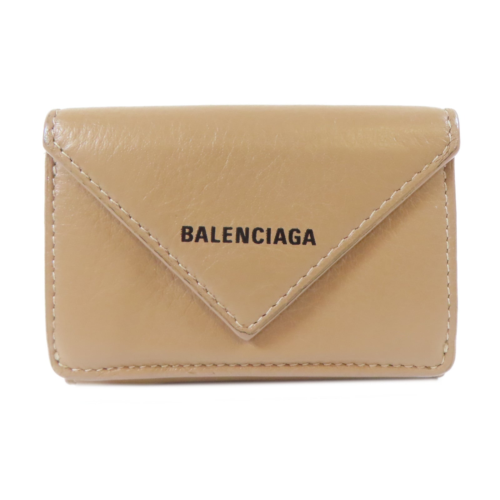 BALENCIAGA 羊皮皮革Trifold Wallet銀扣錢包杏色
