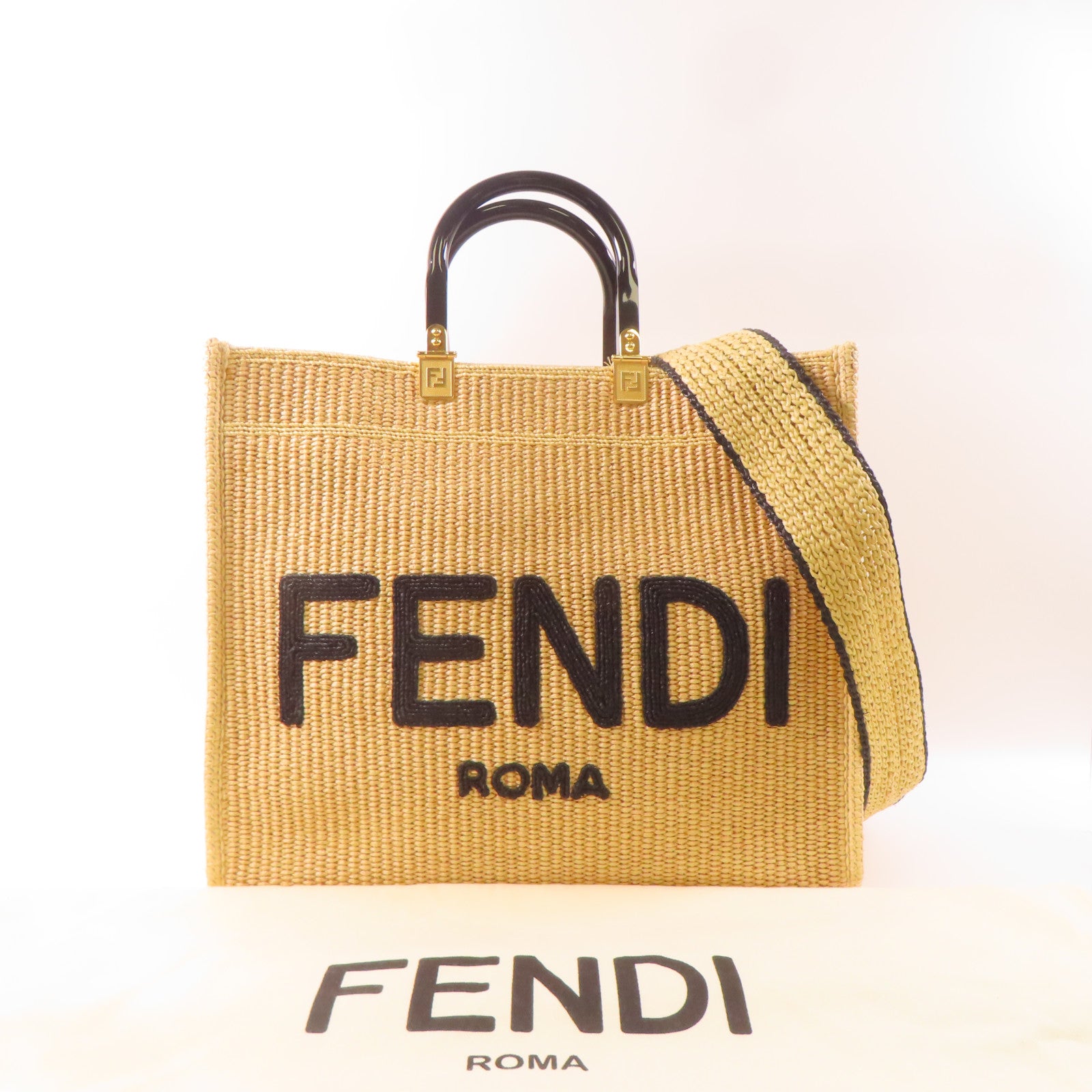 FENDI Woven Straw Sunshine Medium Tote金扣手挽肩背兩用袋淺褐色
