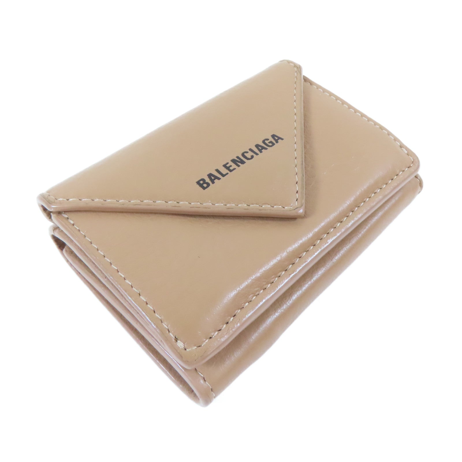 BALENCIAGA 羊皮皮革Trifold Wallet銀扣錢包杏色