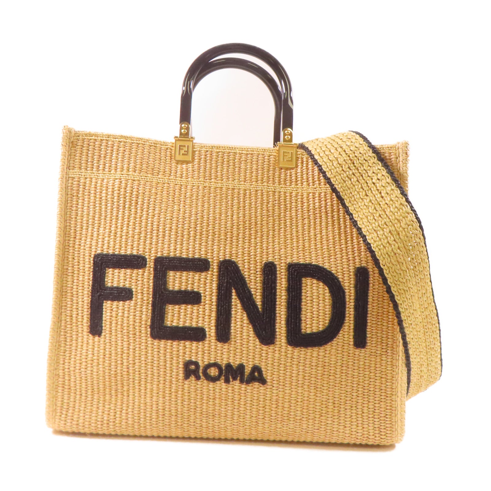 FENDI Woven Straw Sunshine Medium Tote金扣手挽肩背兩用袋淺褐色