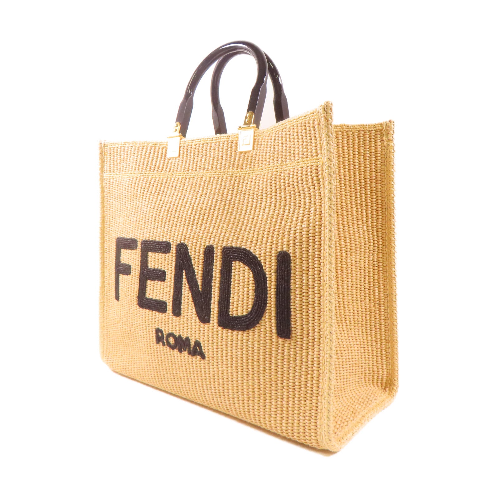 FENDI 【激減優惠】Woven Straw Sunshine Medium Tote金扣手挽肩背兩用袋淺褐色