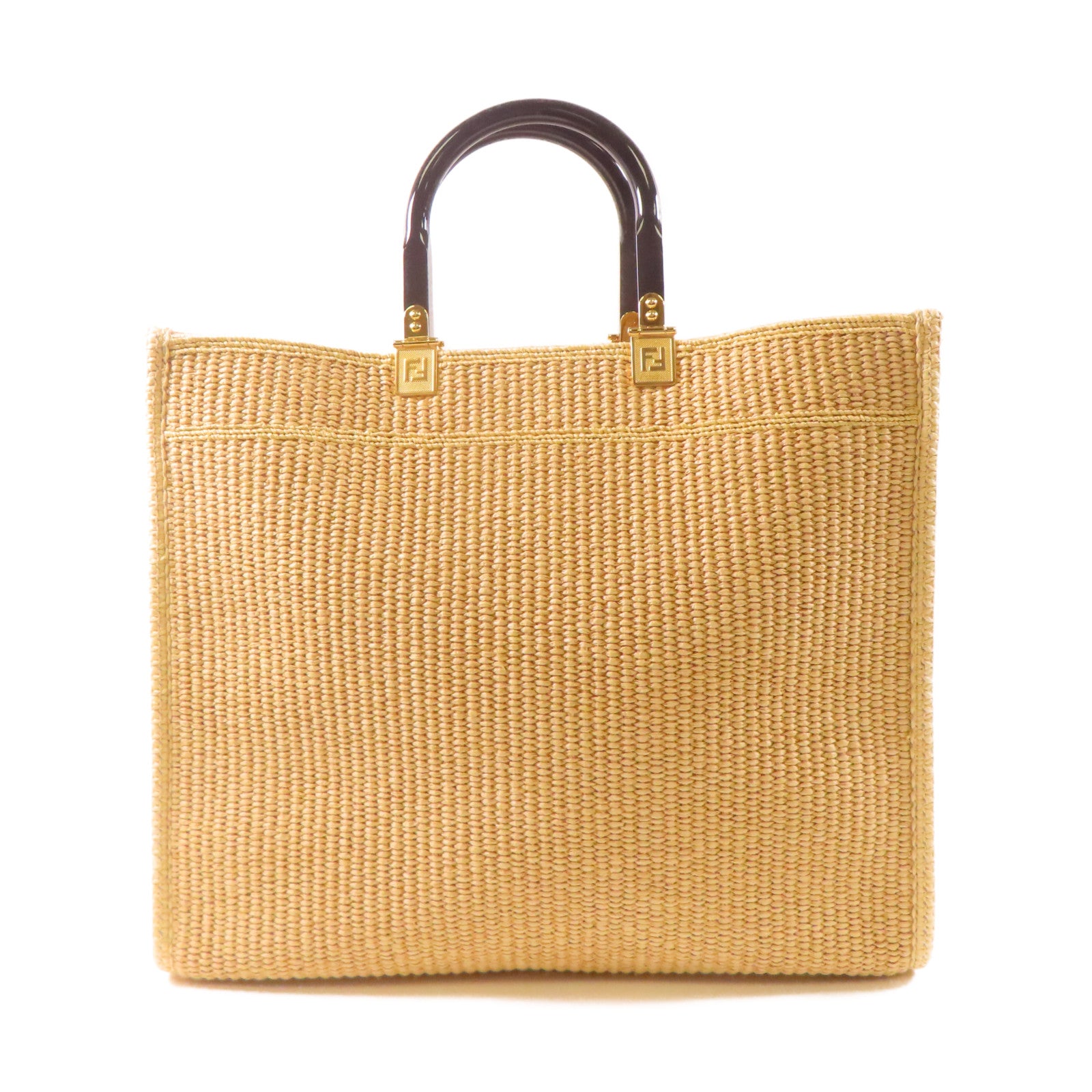 FENDI Woven Straw Sunshine Medium Tote金扣手挽肩背兩用袋淺褐色