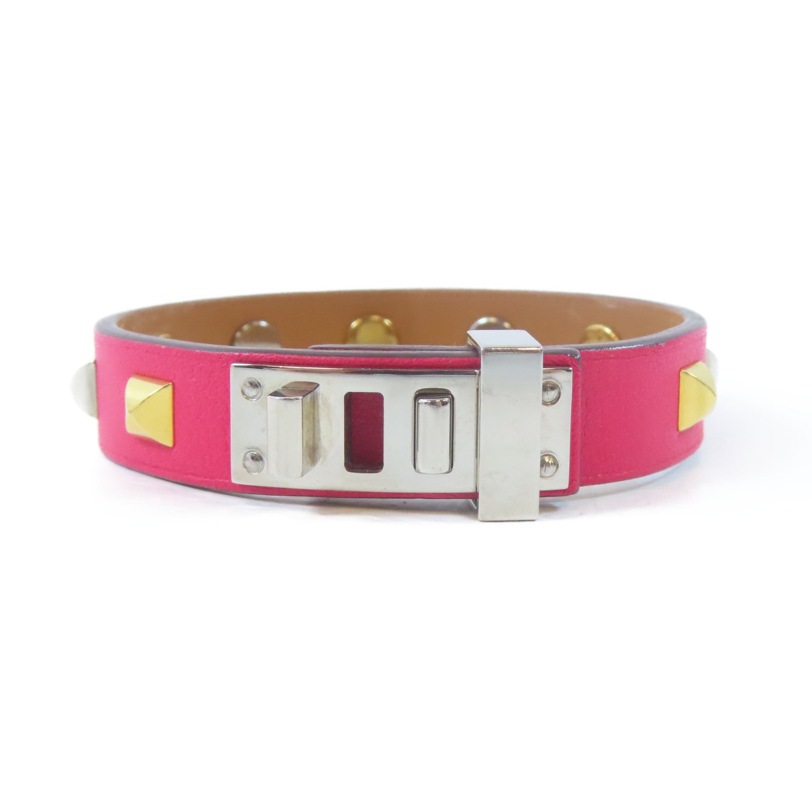 HERMES 金屬/皮革Mini Dog Bracelet手鐲粉紅色/金色/銀色#15.5cm