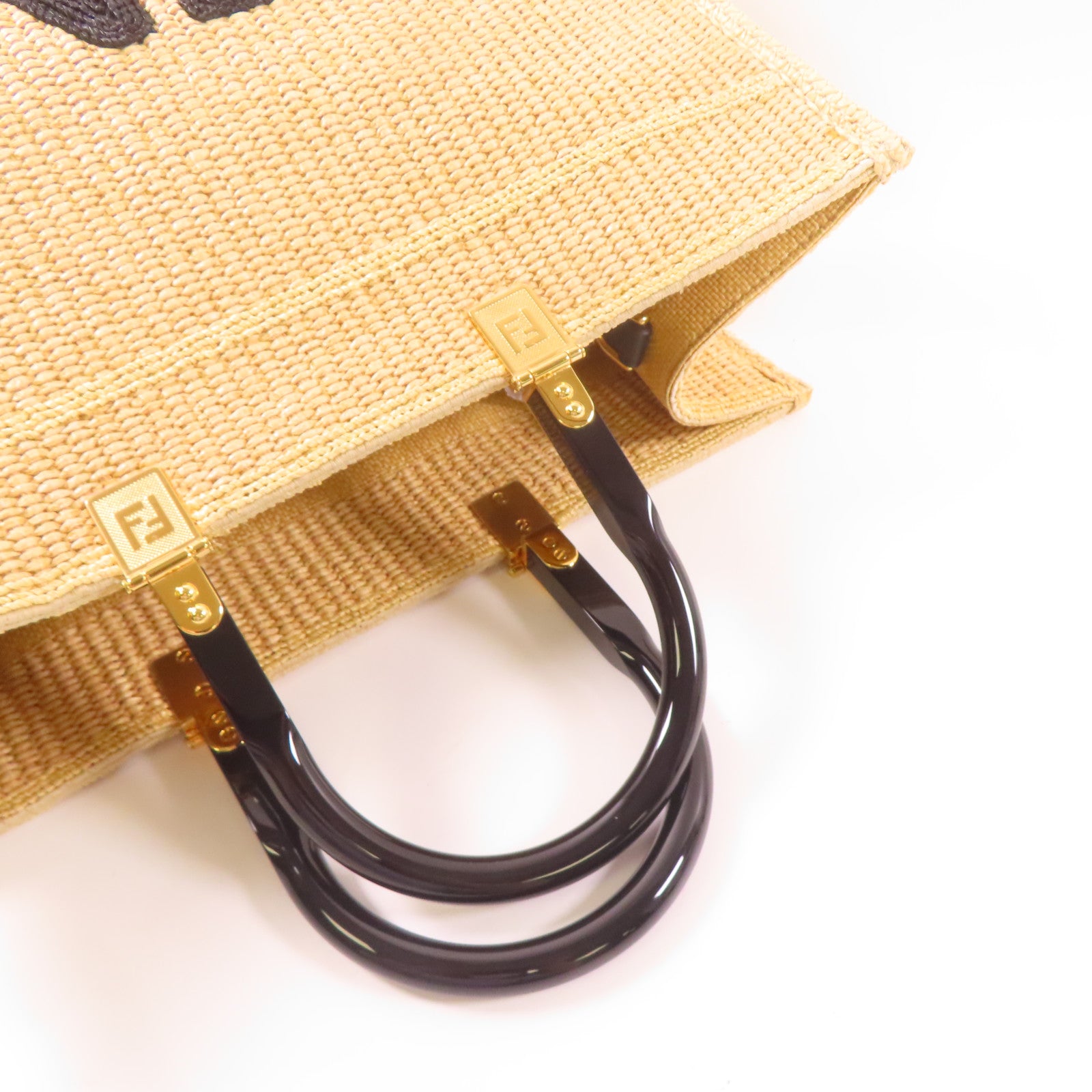 FENDI 【激減優惠】Woven Straw Sunshine Medium Tote金扣手挽肩背兩用袋淺褐色