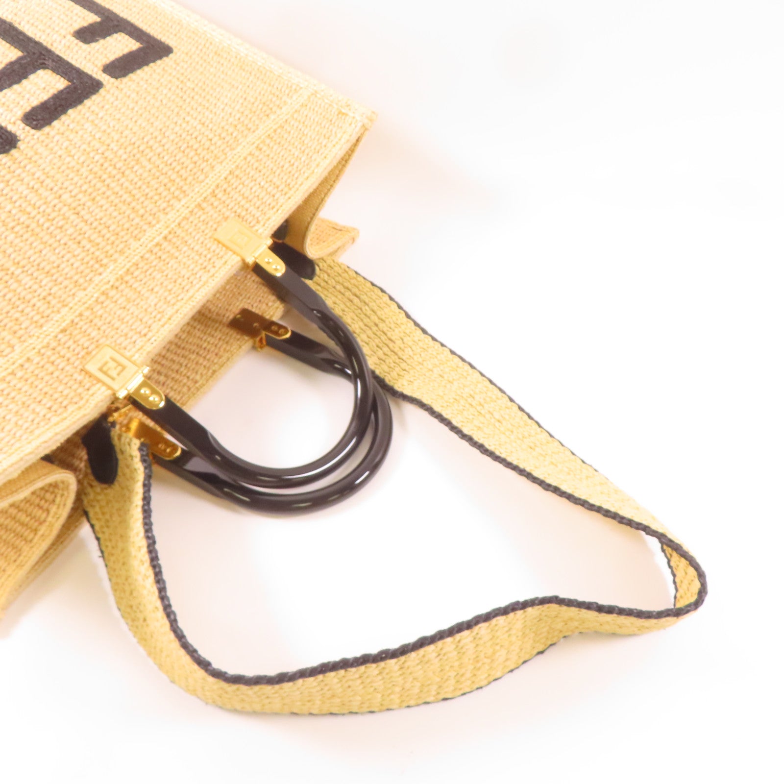 FENDI 【激減優惠】Woven Straw Sunshine Medium Tote金扣手挽肩背兩用袋淺褐色