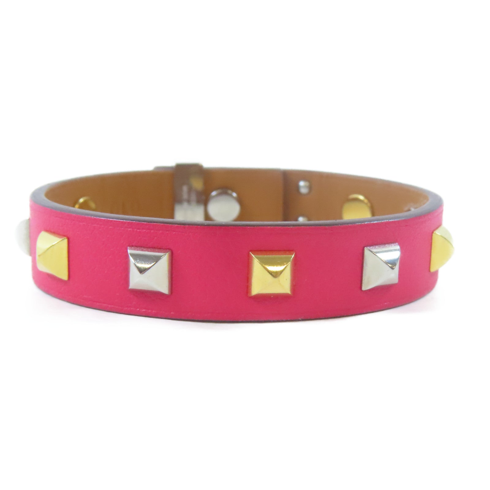 HERMES 金屬/皮革Mini Dog Bracelet手鐲粉紅色/金色/銀色#15.5cm