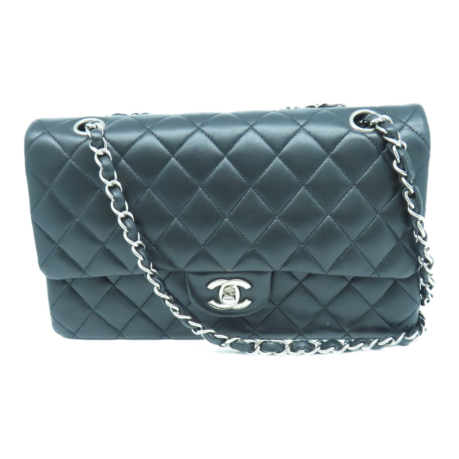 CHANEL rhombic sheepskin leather Chain Shoulder silver buckle chain shoulder bag black