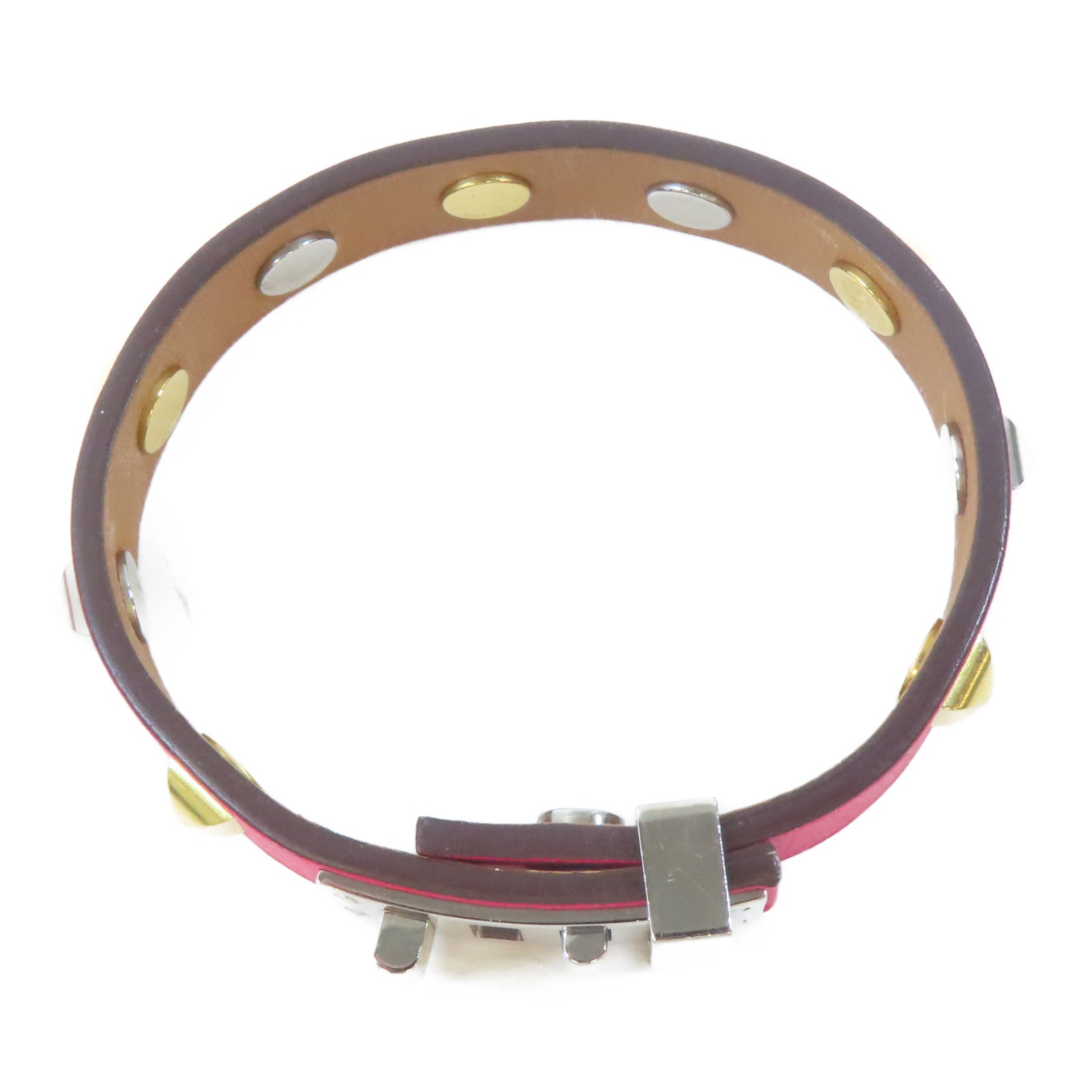 HERMES 金屬/皮革Mini Dog Bracelet手鐲粉紅色/金色/銀色#15.5cm