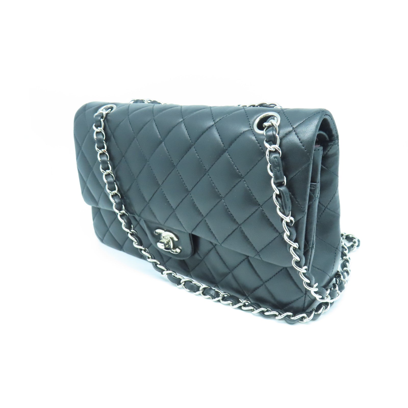 CHANEL rhombic sheepskin leather Chain Shoulder silver buckle chain shoulder bag black