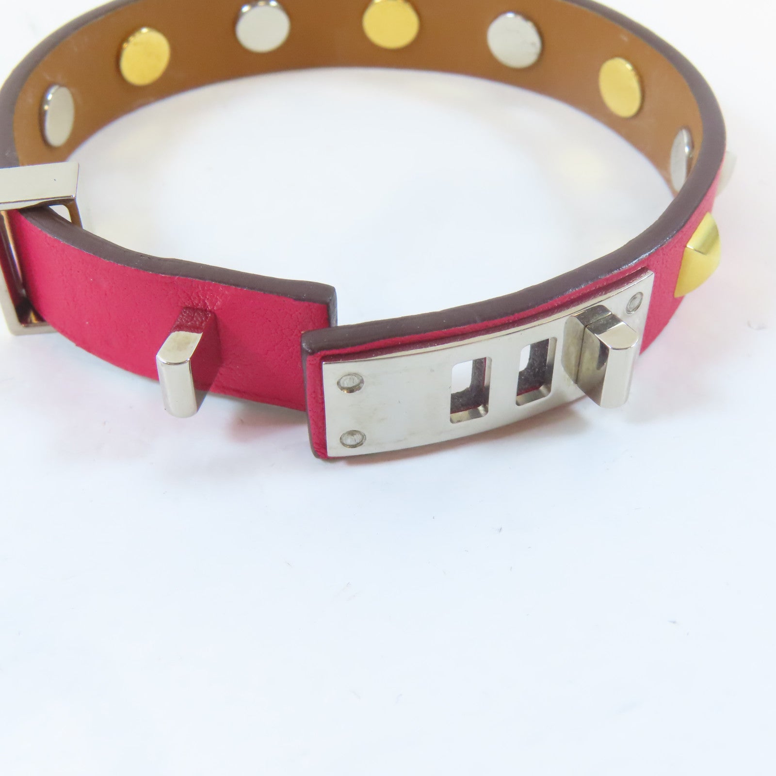 HERMES 金屬/皮革Mini Dog Bracelet手鐲粉紅色/金色/銀色#15.5cm