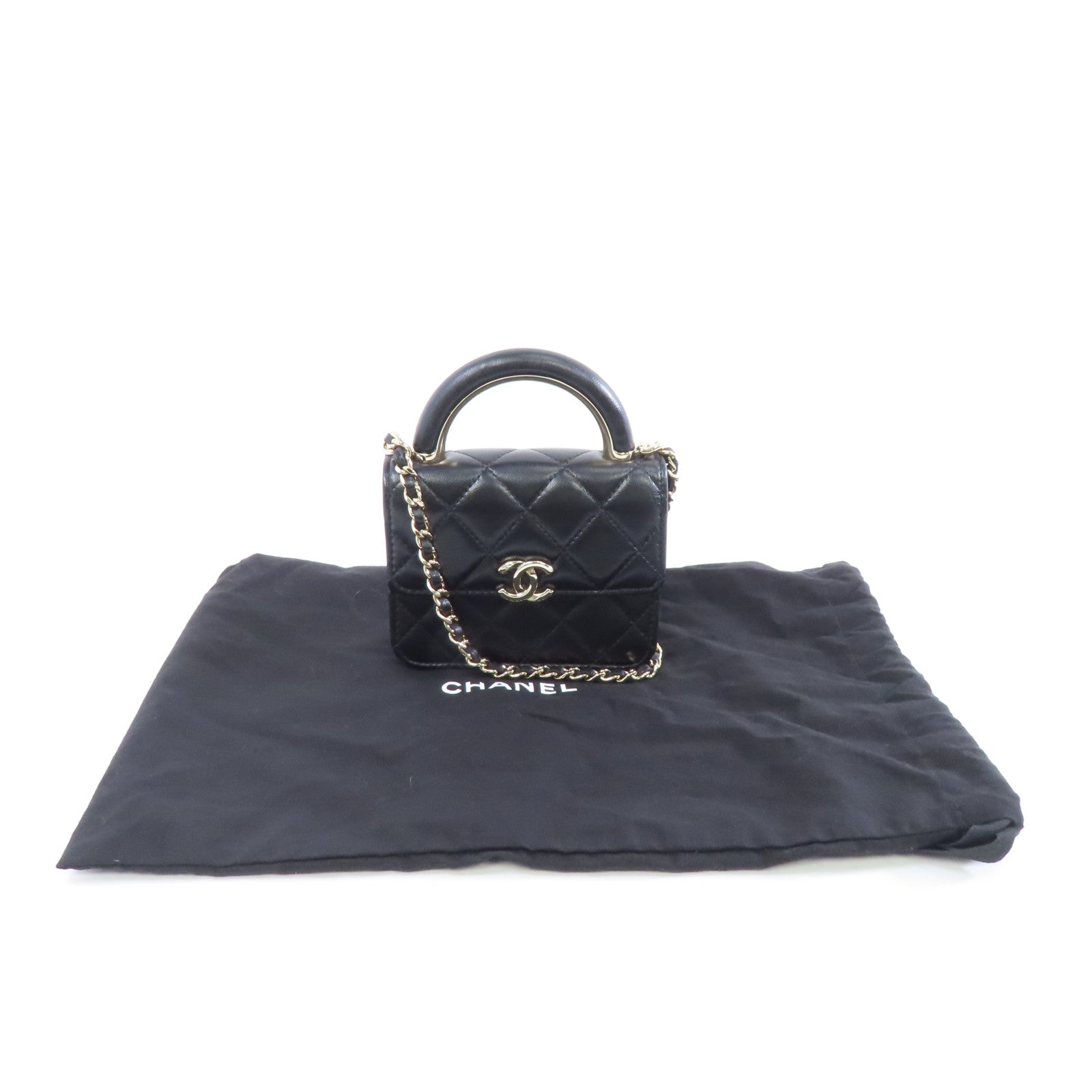 CHANEL 菱格羊皮皮革Chain Shoulder Bag金扣鏈帶肩背袋黑色