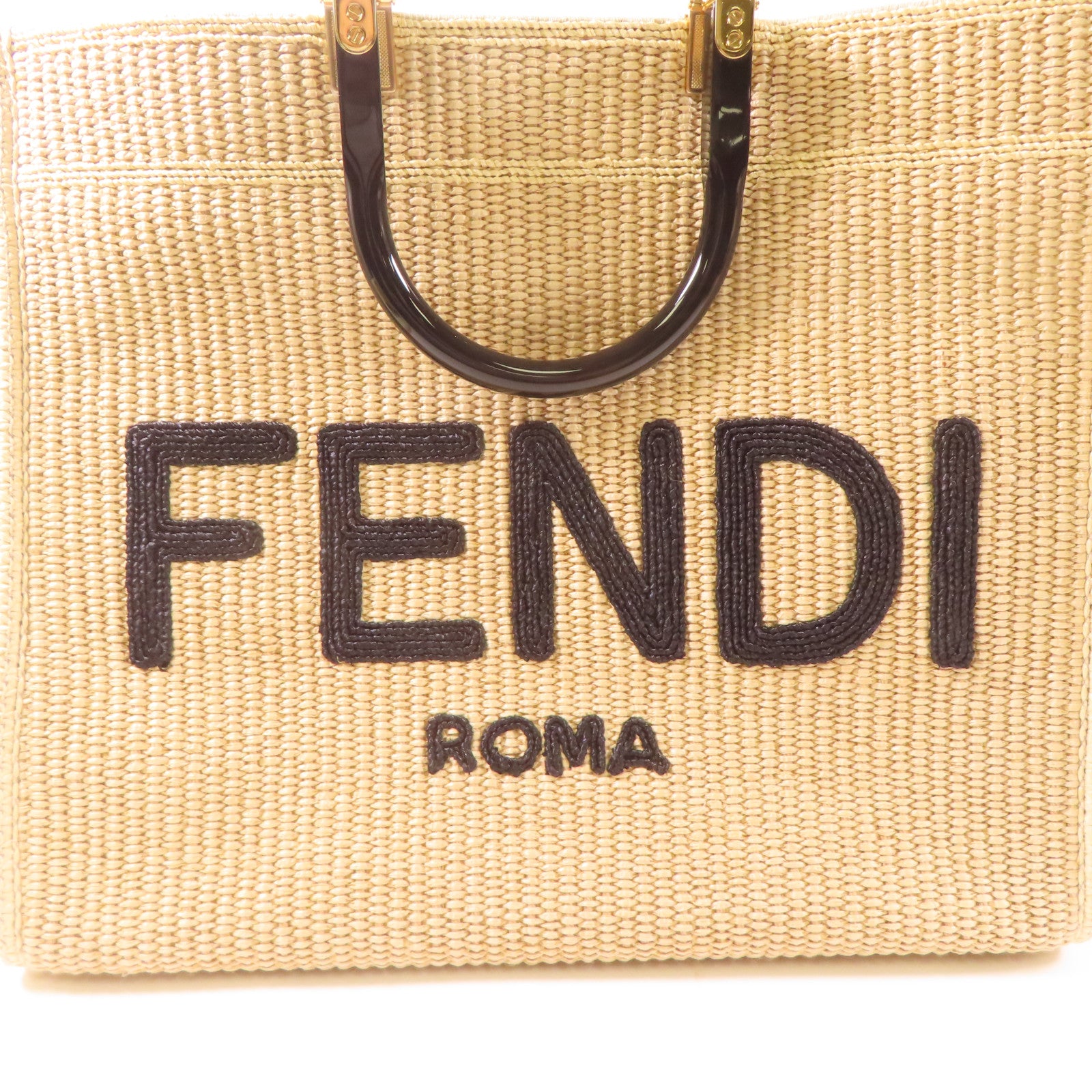 FENDI Woven Straw Sunshine Medium Tote金扣手挽肩背兩用袋淺褐色