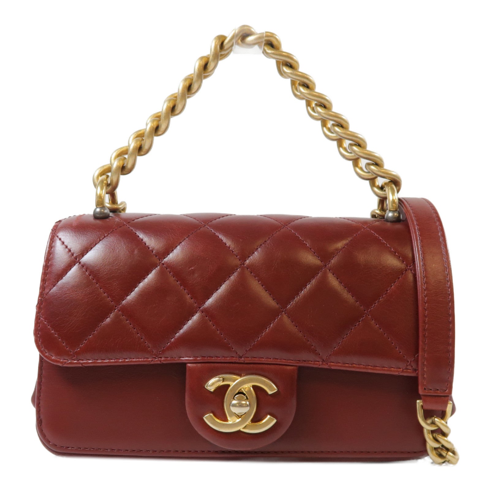 CHANEL 菱格牛皮皮革Flap Bag金扣鏈帶肩背袋紅色