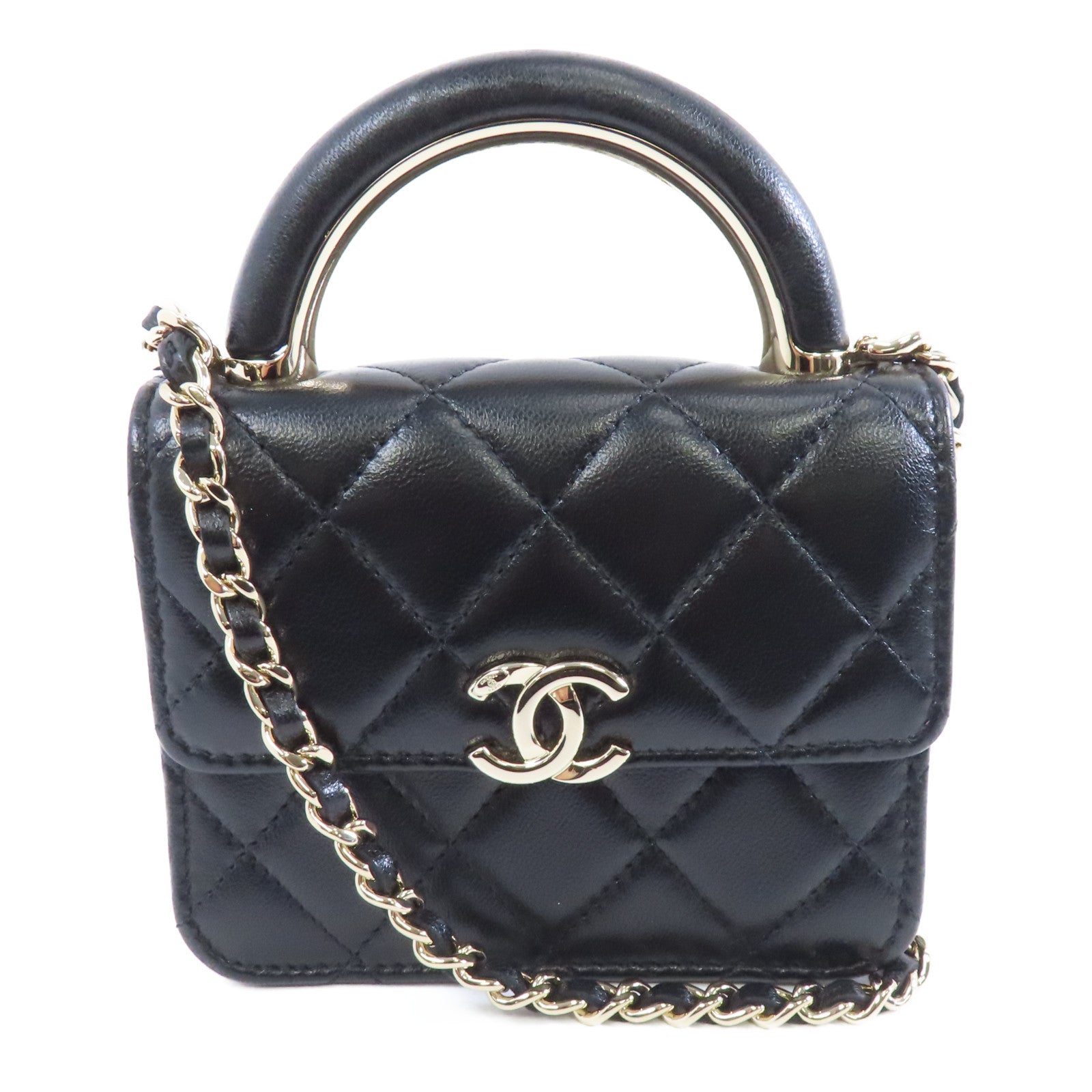 CHANEL 菱格羊皮皮革Chain Shoulder Bag金扣鏈帶肩背袋黑色