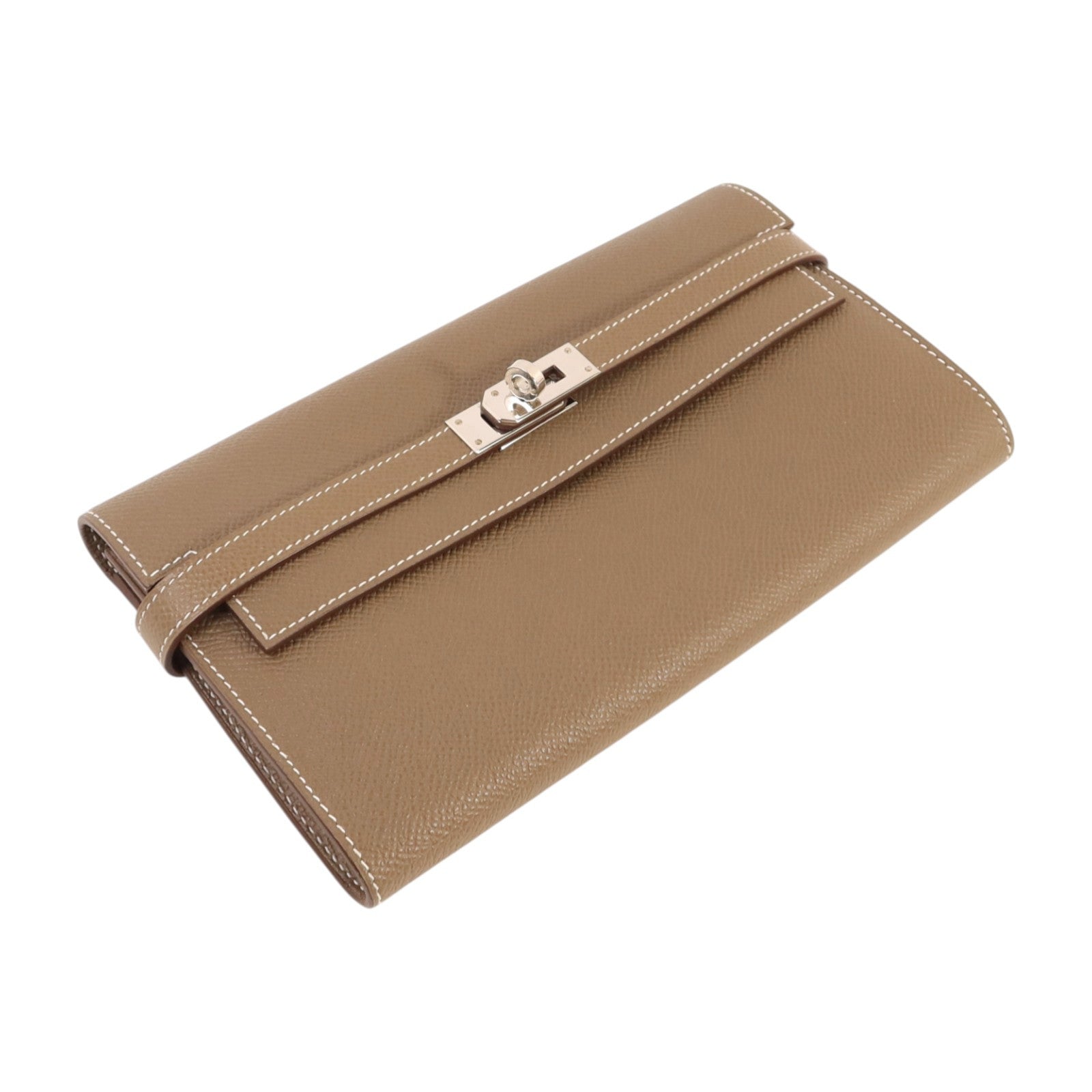 HERMES Epsom皮革Kelly Long Wallet銀扣長錢包Etoupe