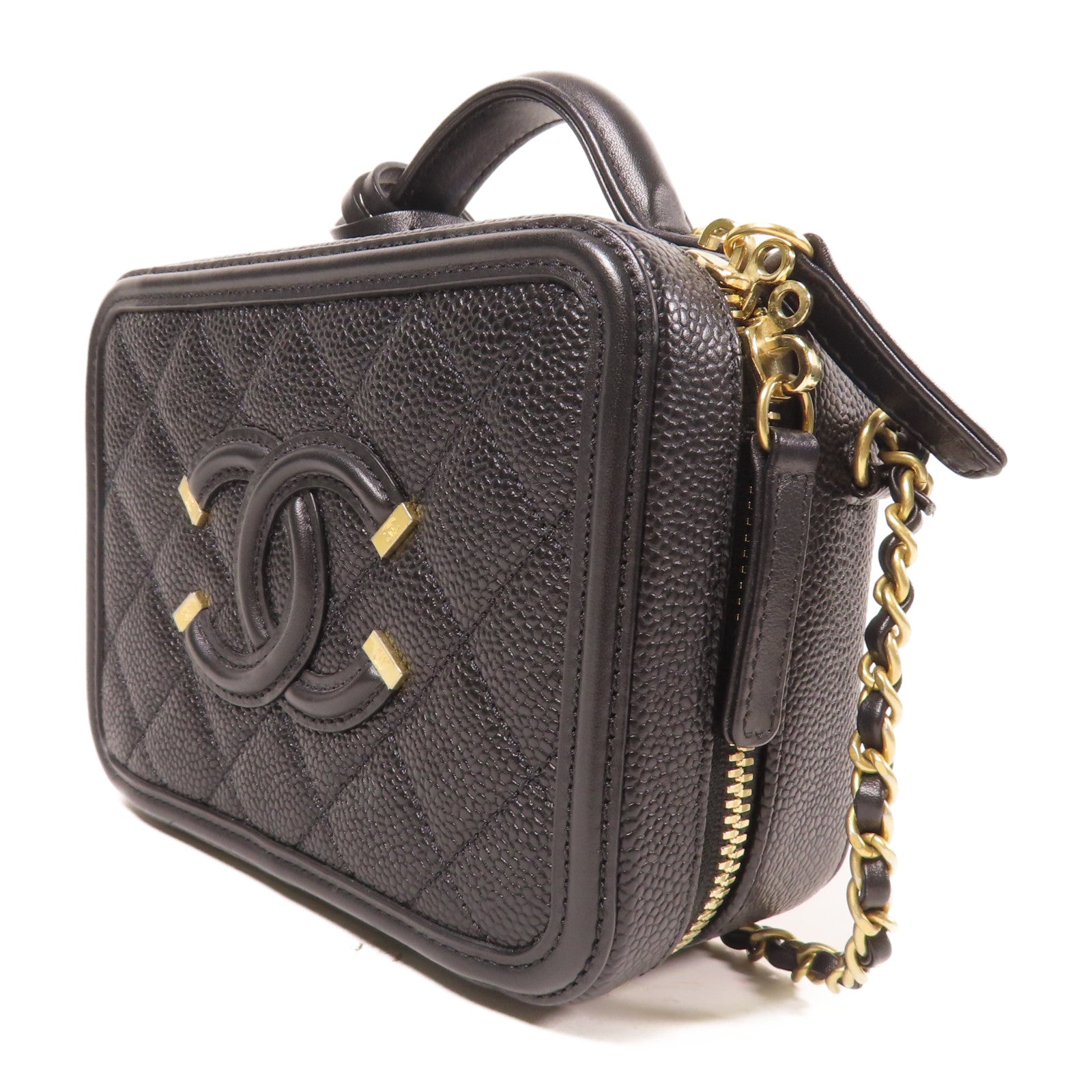 CHANEL 菱格Caviar皮革Vanity Case金扣鏈帶手挽肩背兩用袋黑色
