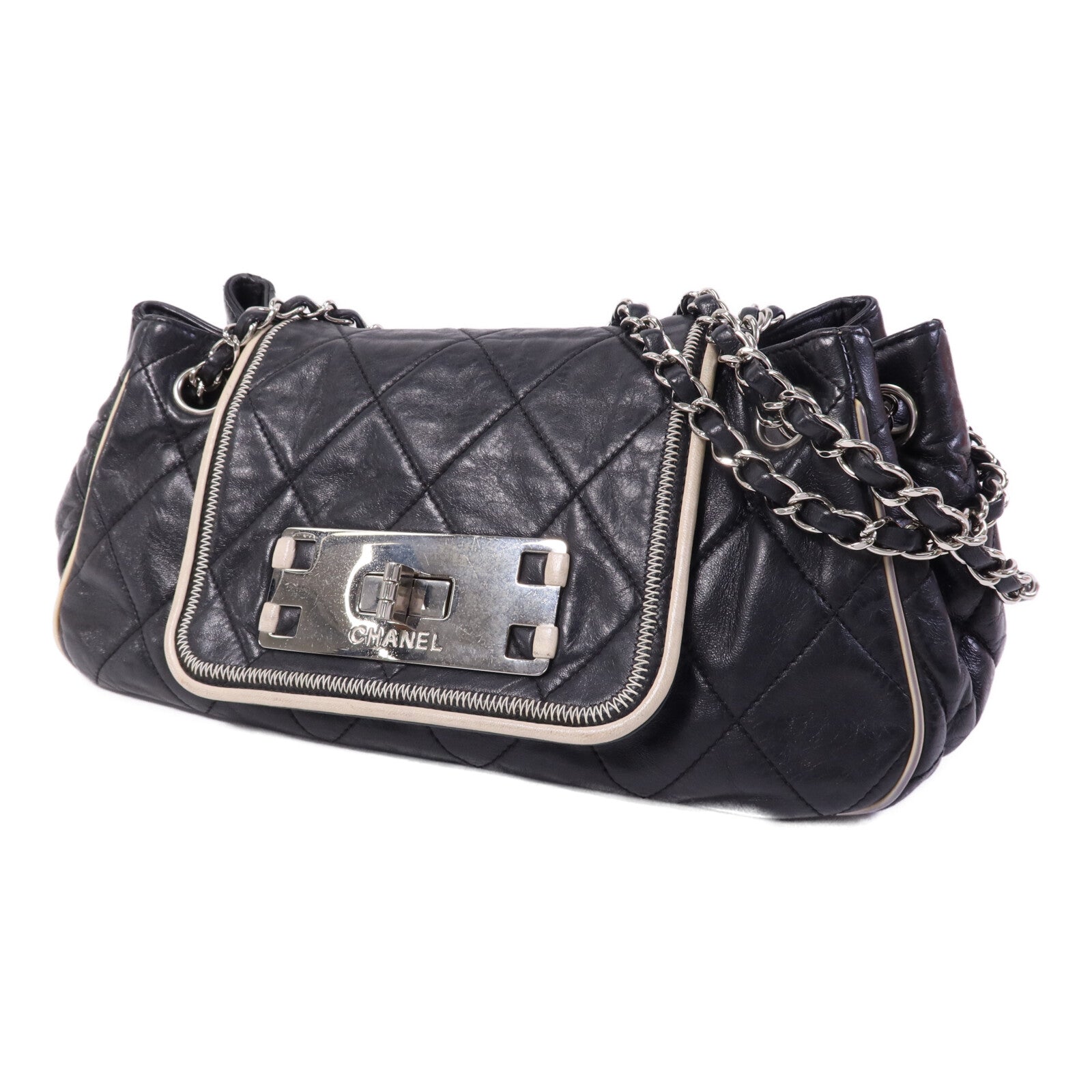 CHANEL 牛皮皮革Weat Accordion Flap銀扣鏈帶肩背袋