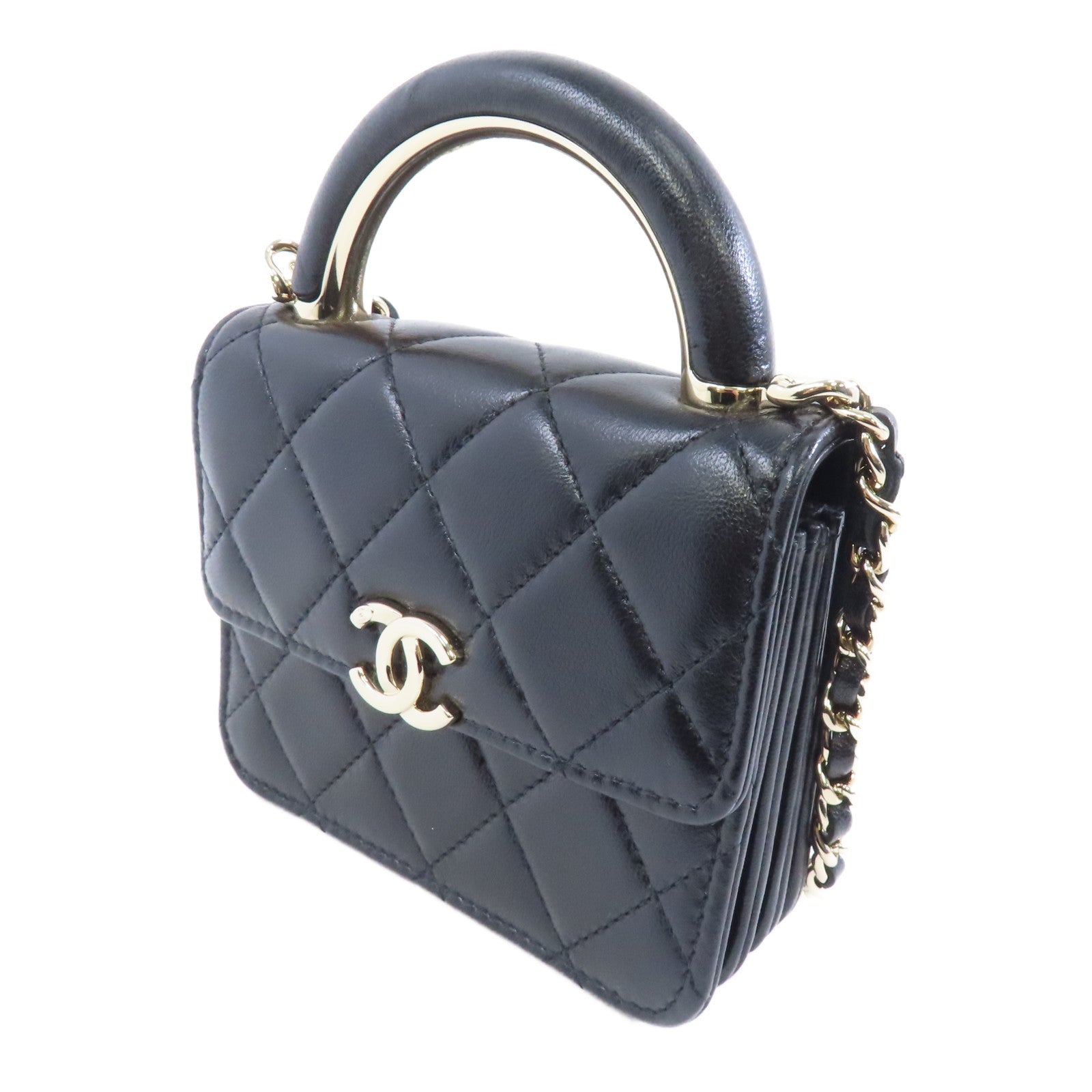 CHANEL 菱格羊皮皮革Chain Shoulder Bag金扣鏈帶肩背袋黑色