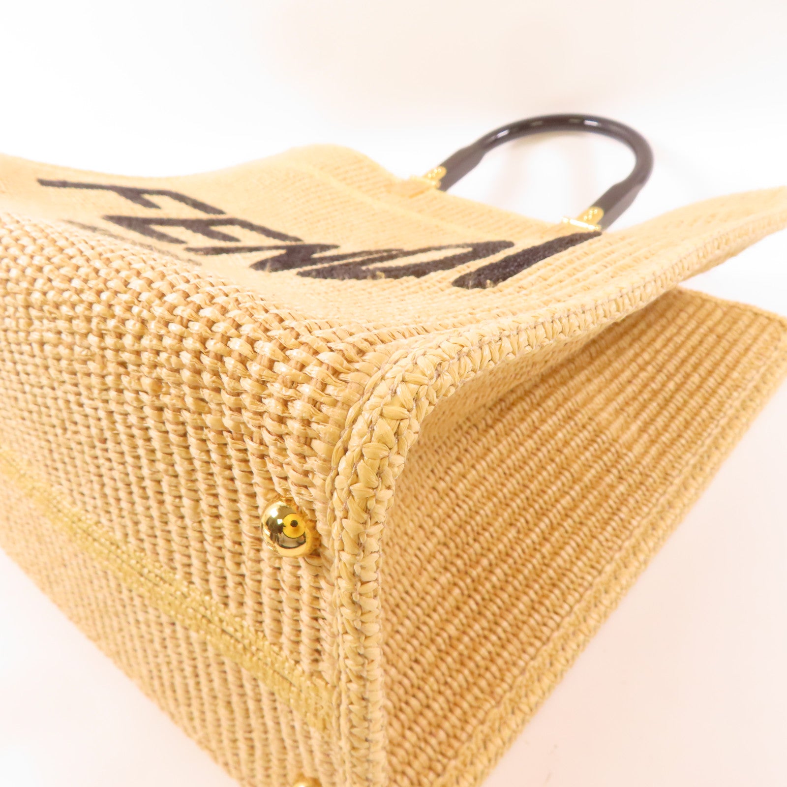 FENDI 【激減優惠】Woven Straw Sunshine Medium Tote金扣手挽肩背兩用袋淺褐色
