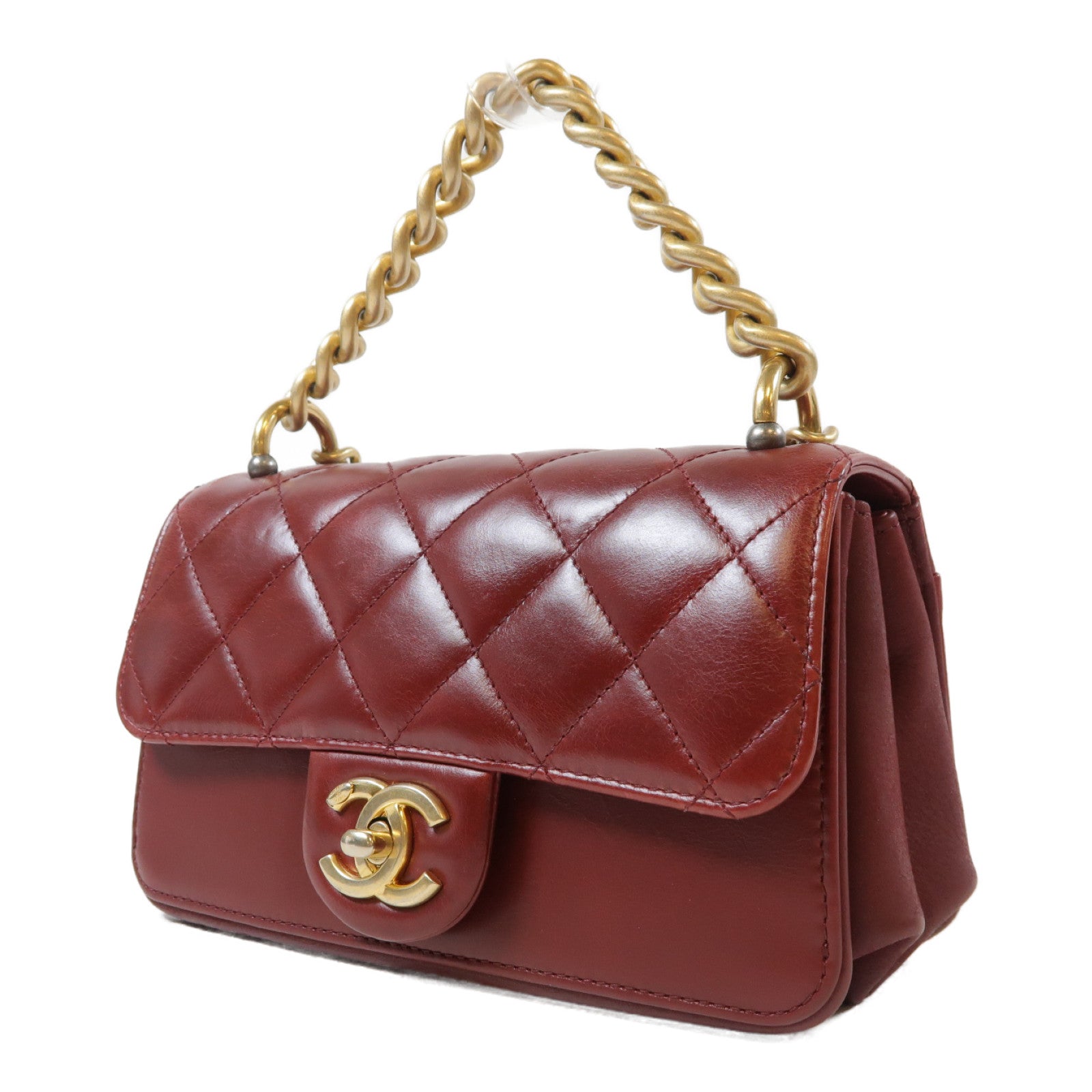 CHANEL 菱格牛皮皮革Flap Bag金扣鏈帶肩背袋紅色