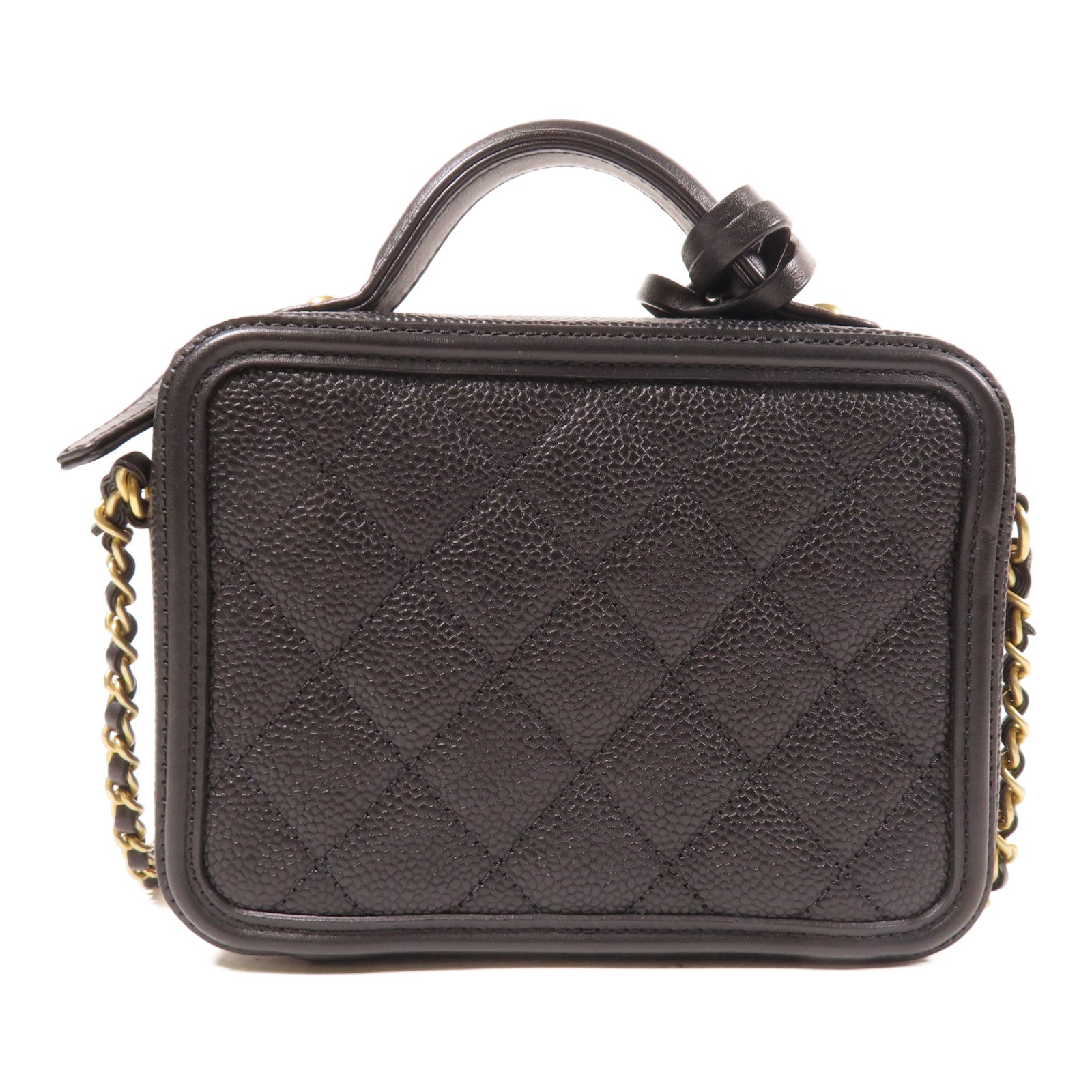 CHANEL 菱格Caviar皮革Vanity Case金扣鏈帶手挽肩背兩用袋黑色