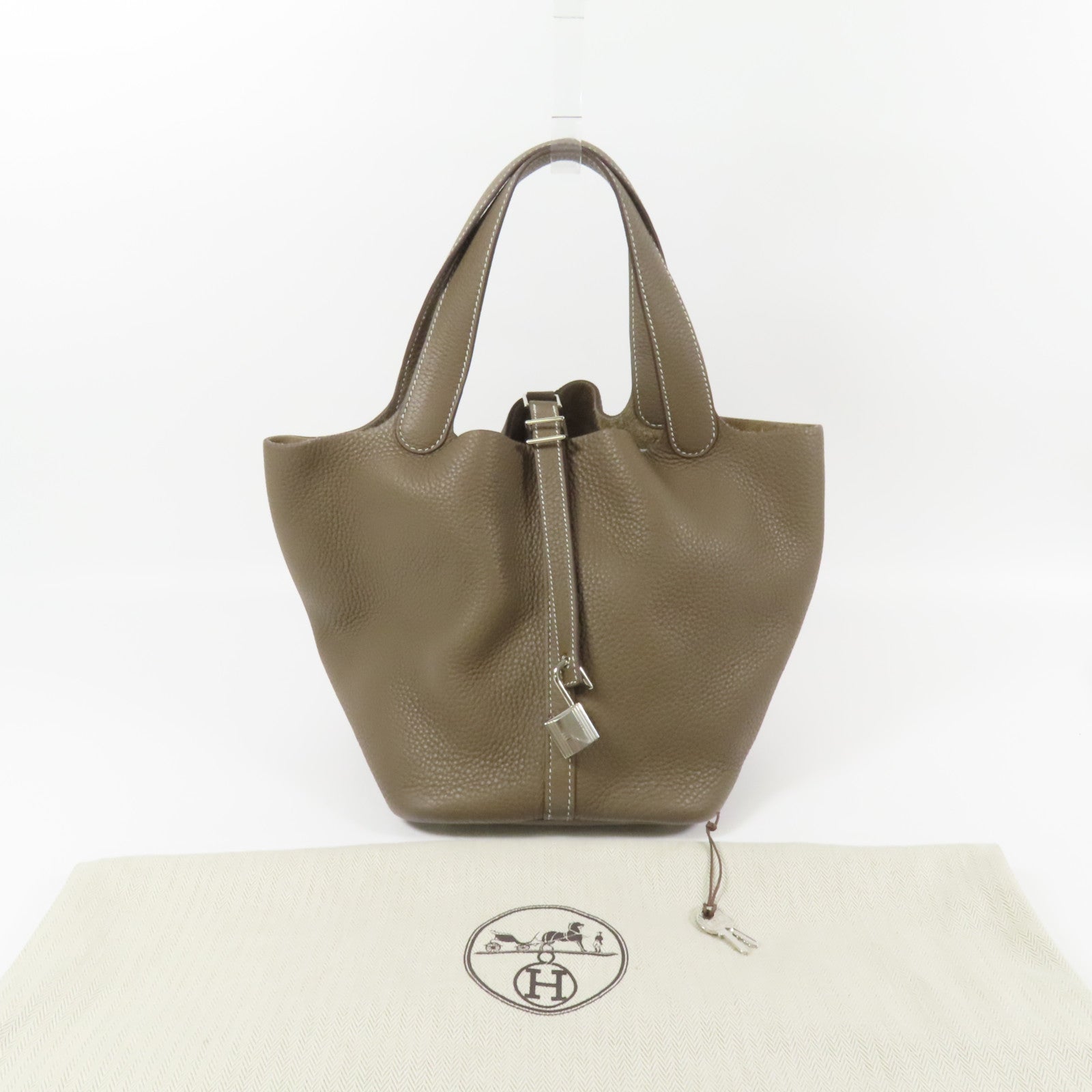 HERMES Clemence皮革Picotin MM銀扣扣手挽袋Etoupe