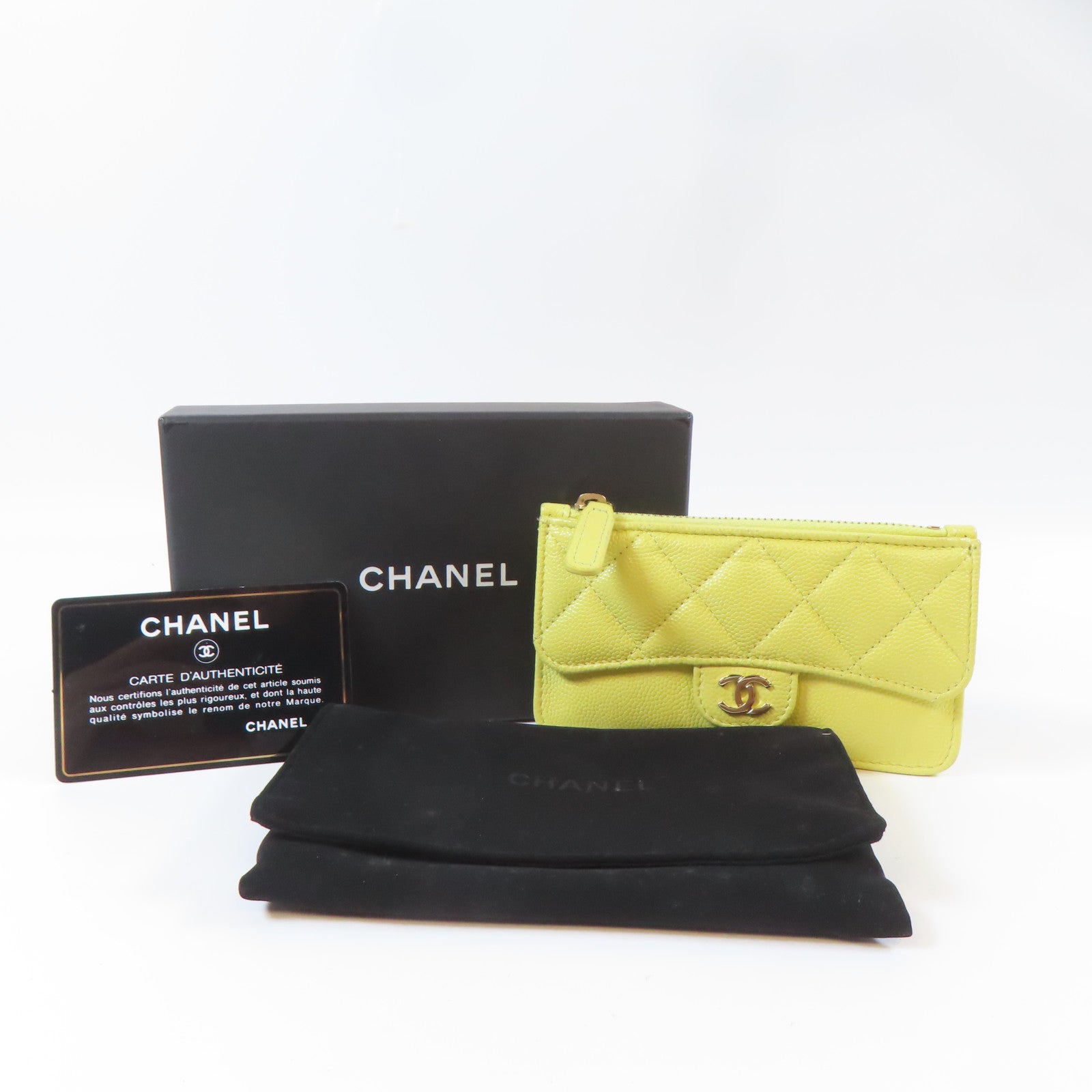 CHANEL 菱格Caviar皮革Card Case金扣卡片套黃色