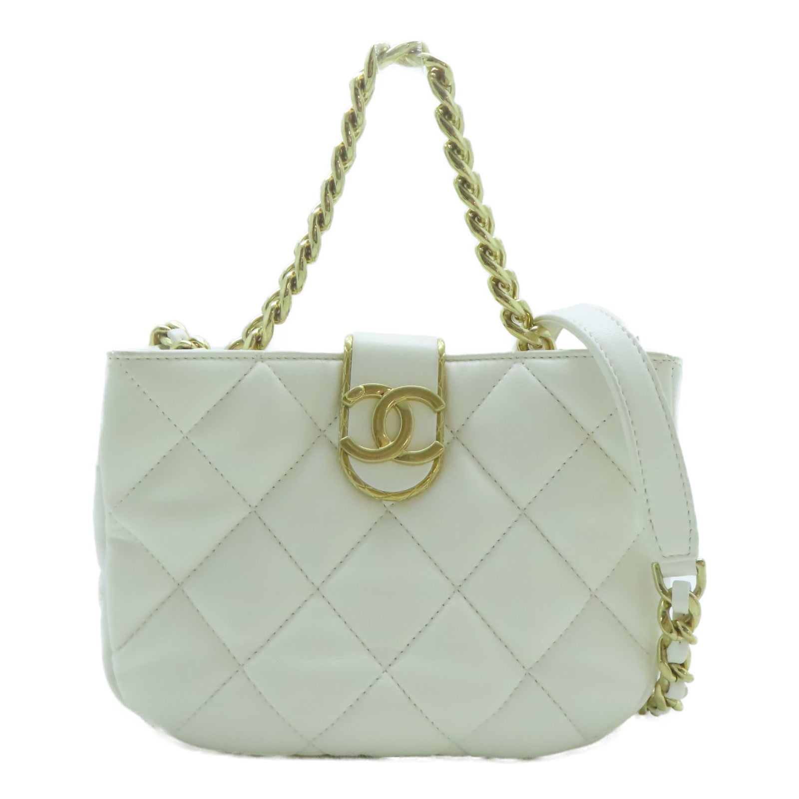 CHANEL 【激減優惠】菱格羊皮皮革Coco Mark金扣鏈帶手挽肩背兩用袋白色