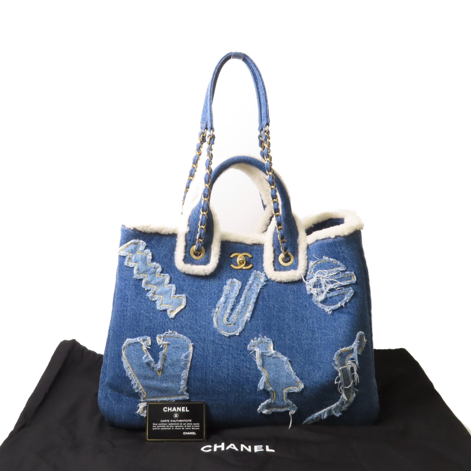CHANEL 帆布Tote Bag金扣手挽肩背兩用袋藍色