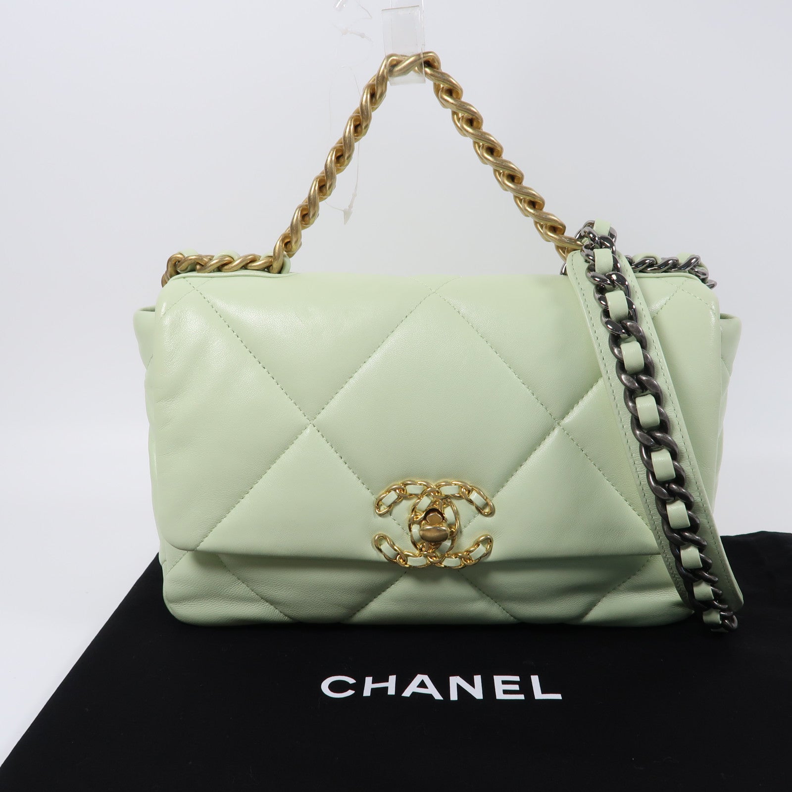 CHANEL 菱格牛皮皮革Chanel 19金扣/銀扣手挽肩背兩用袋綠色