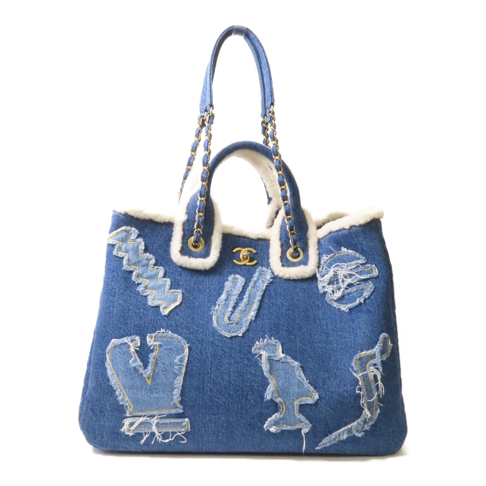 CHANEL 帆布Tote Bag金扣手挽肩背兩用袋藍色