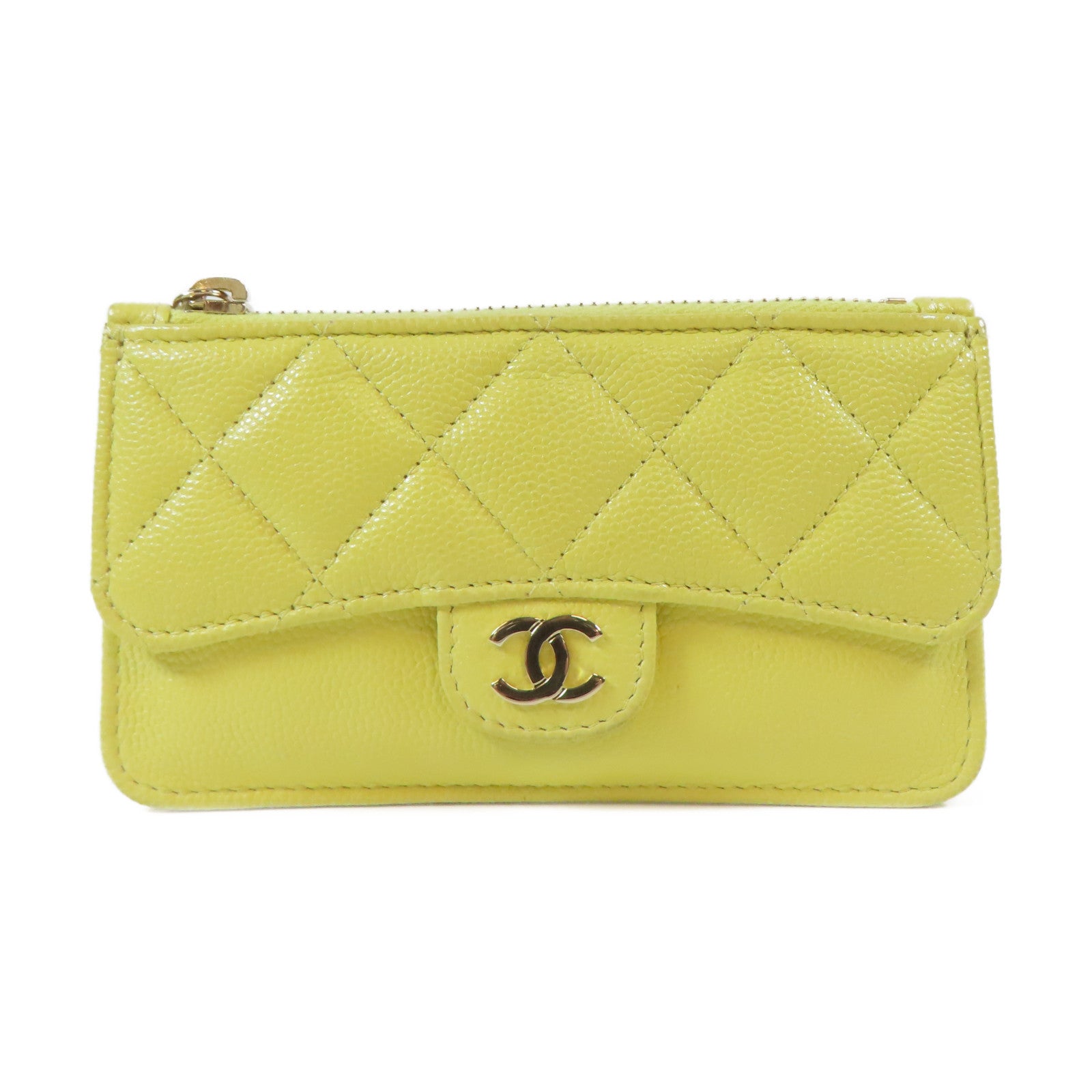 CHANEL 菱格Caviar皮革Card Case金扣卡片套黃色