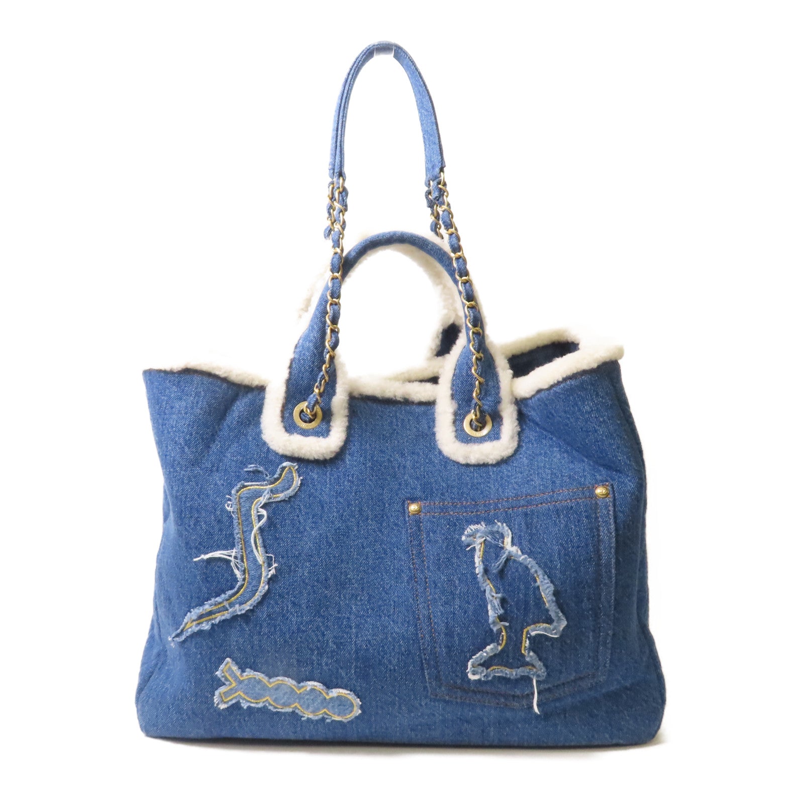 CHANEL 帆布Tote Bag金扣手挽肩背兩用袋藍色