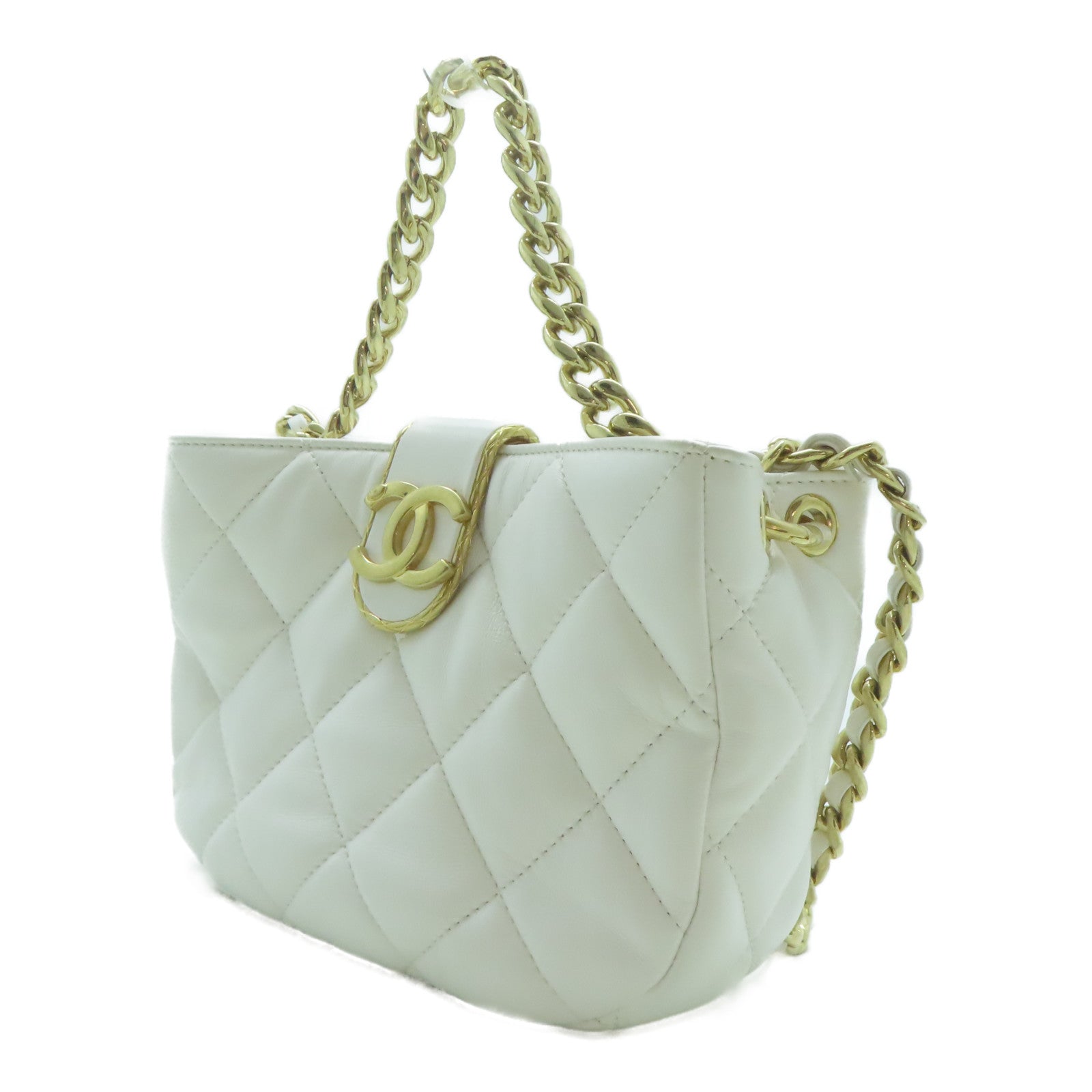 CHANEL 【激減優惠】菱格羊皮皮革Coco Mark金扣鏈帶手挽肩背兩用袋白色