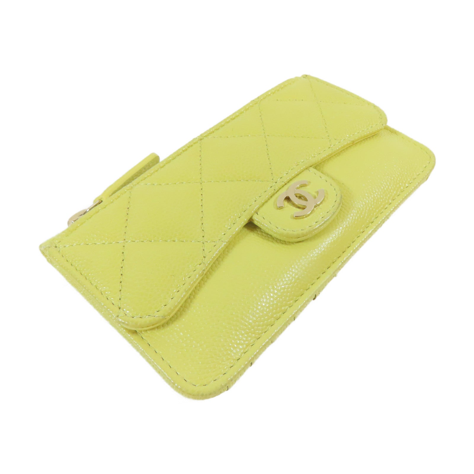 CHANEL 菱格Caviar皮革Card Case金扣卡片套黃色